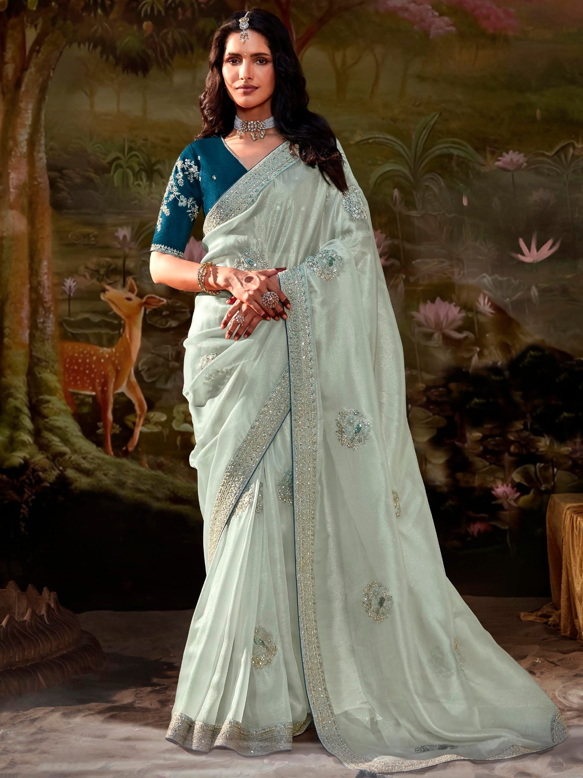 Unique Power Blue Sequins Organza Event Wear Saree With Blouse