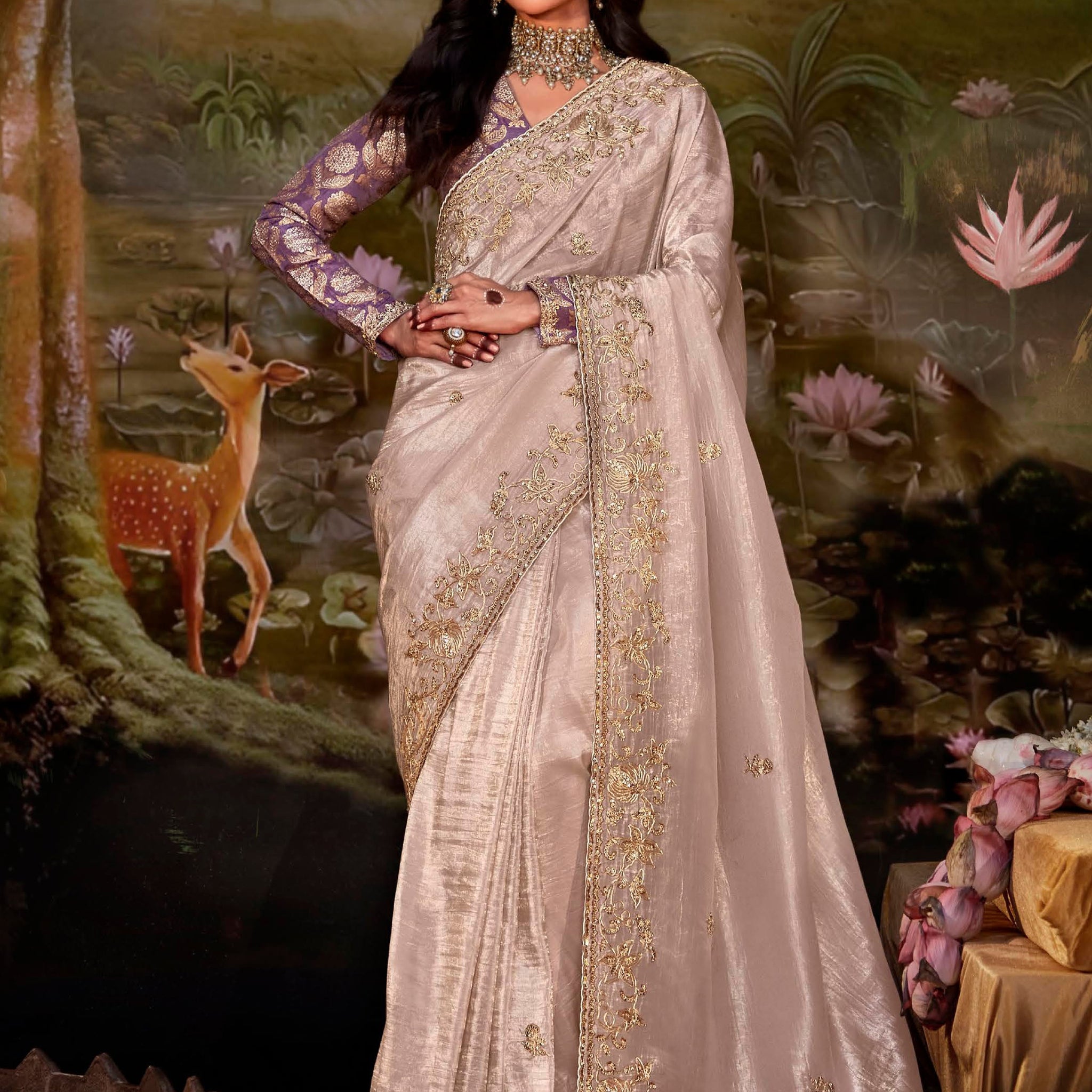 Amazing Misty Rose Embroidered Organza Traditional Saree With Blouse