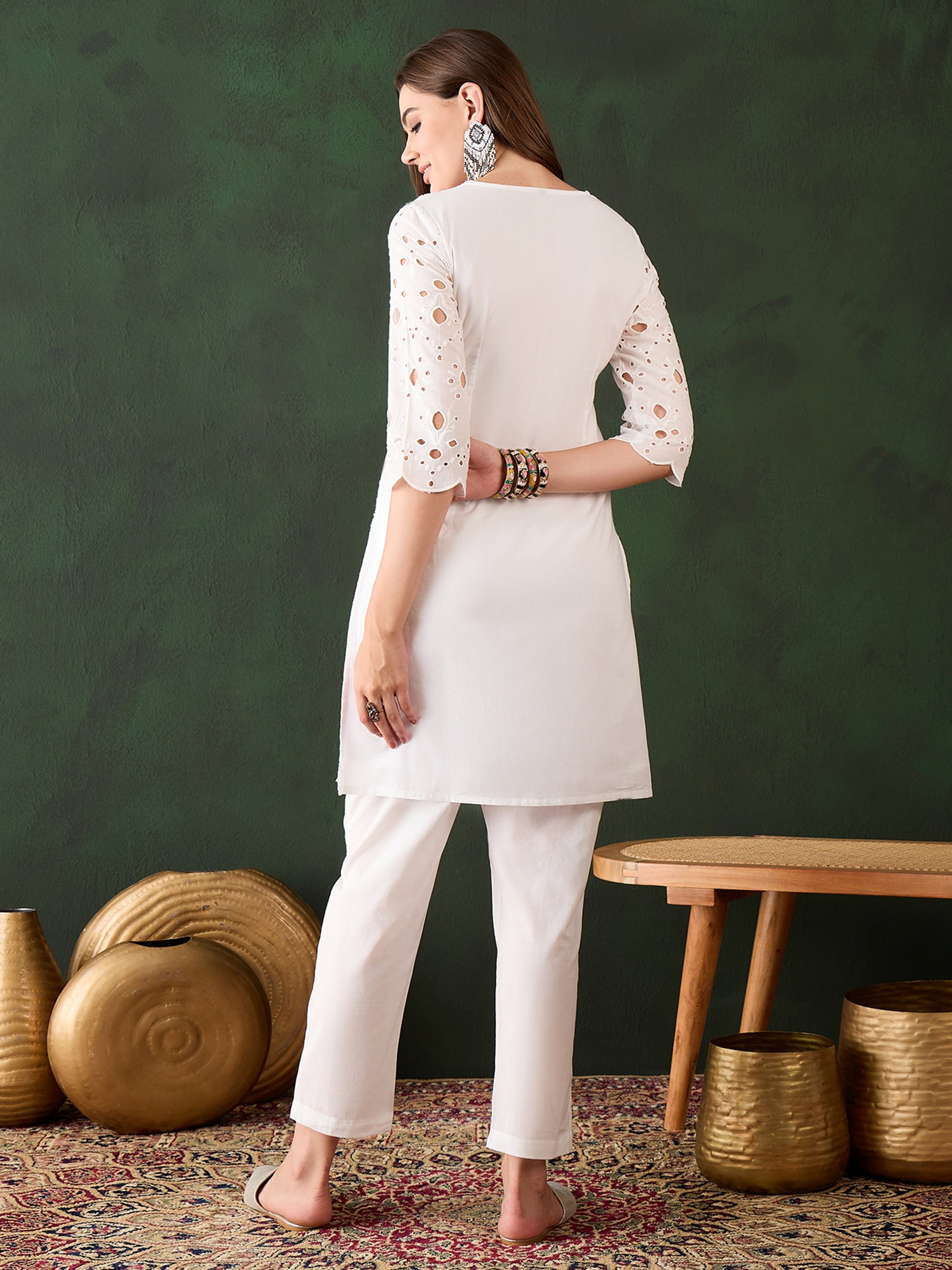 Attractive White Cotton Embroidered Festival Wear Kurta With Trouser