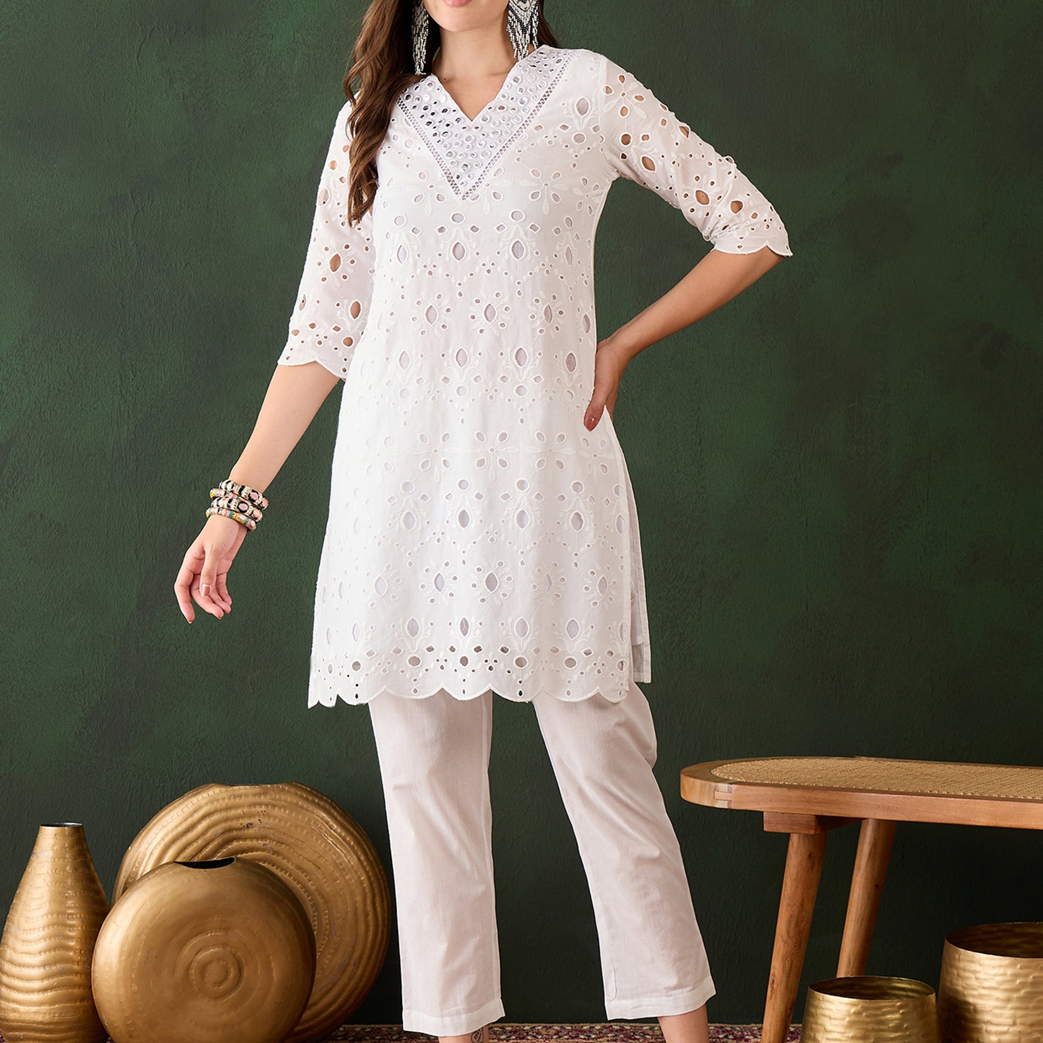 Attractive White Cotton Embroidered Festival Wear Kurta With Trouser