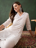 Attractive White Cotton Embroidered Festival Wear Kurta With Trouser