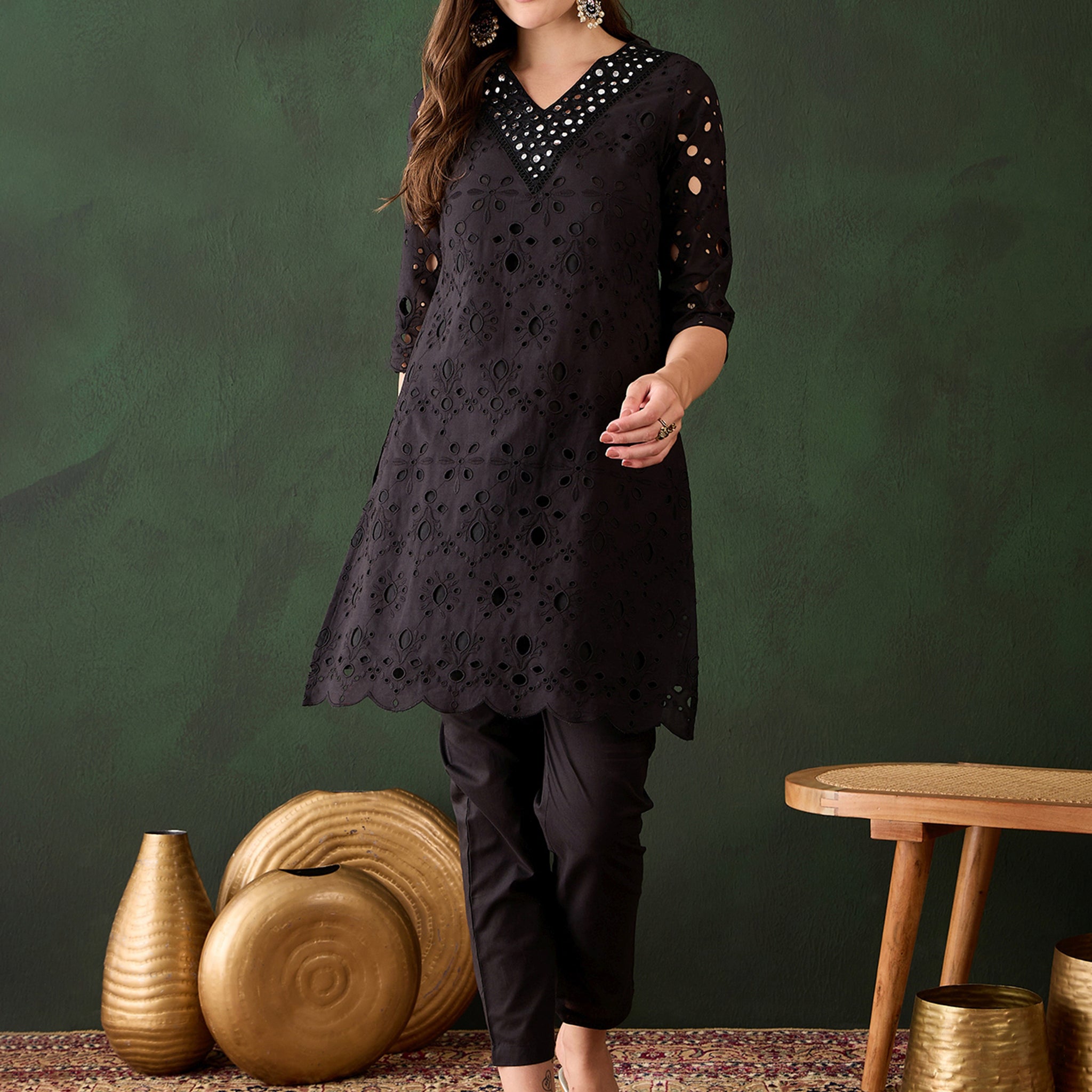 Beautiful Black Cotton Embroidered Event Wear Kurta With Trouser