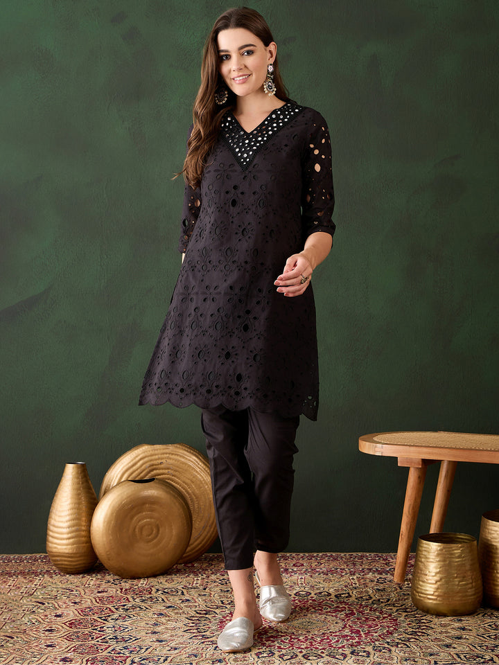 Beautiful Black Cotton Embroidered Event Wear Kurta With Trouser