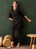 Beautiful Black Cotton Embroidered Event Wear Kurta With Trouser