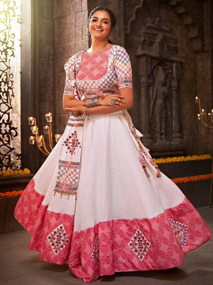 Charming White Thread Embroidered Cotton Navratri Lehenga Choli