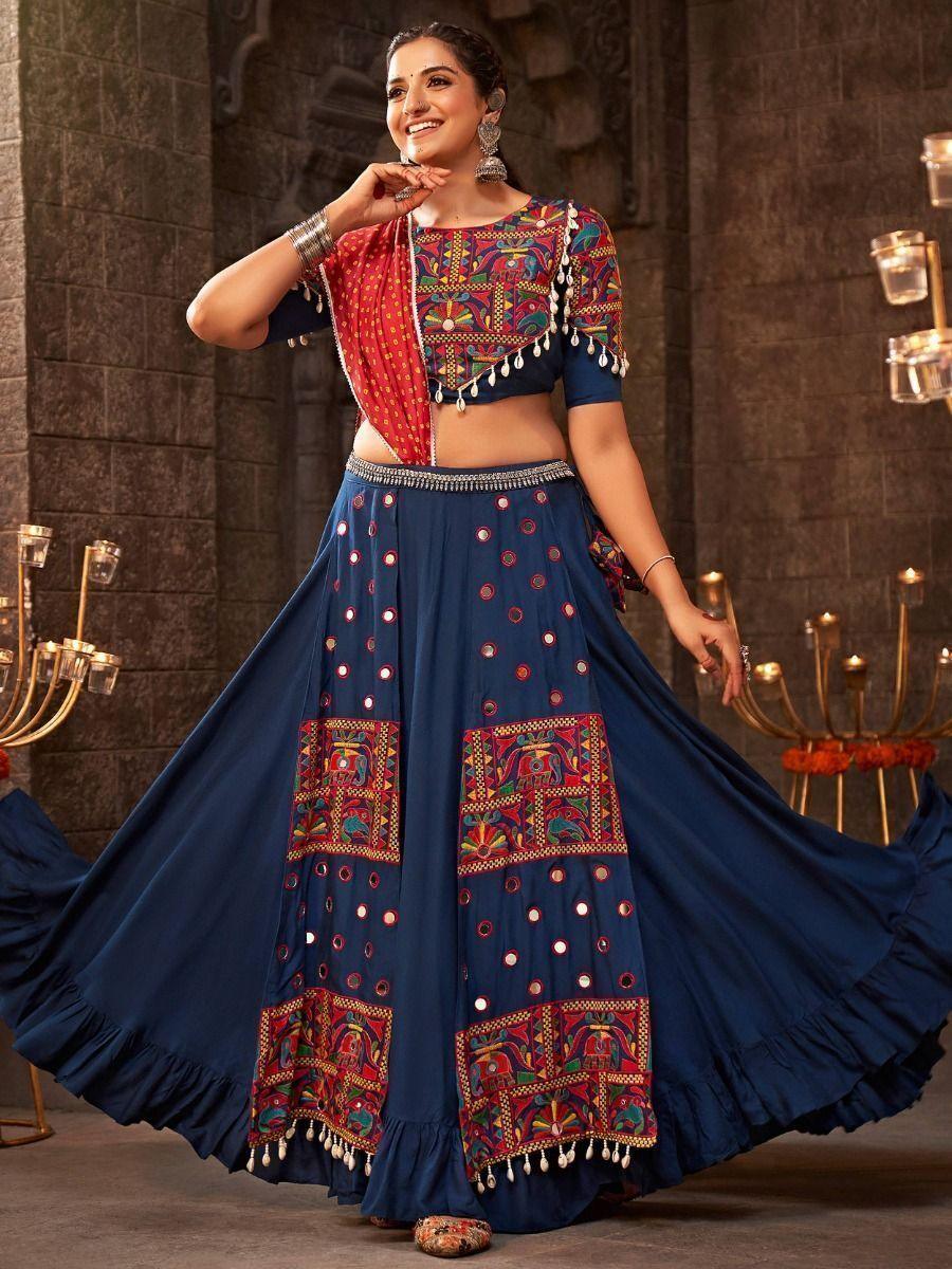 Enchanting Blue Mirror Work Rayon Traditional Lehenga Choli