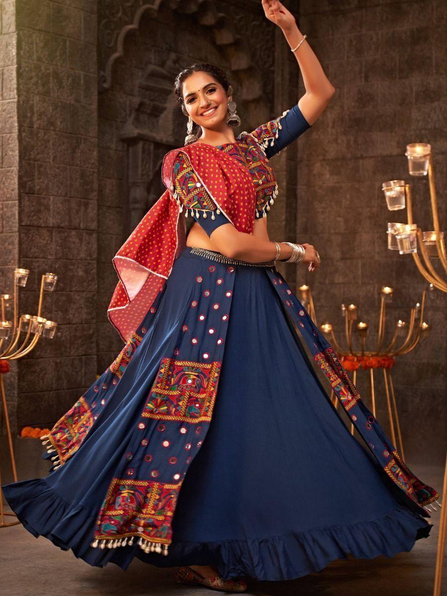 Enchanting Blue Mirror Work Rayon Traditional Lehenga Choli