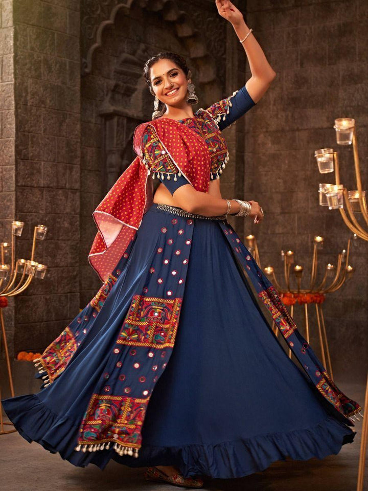 Enchanting Blue Mirror Work Rayon Traditional Lehenga Choli