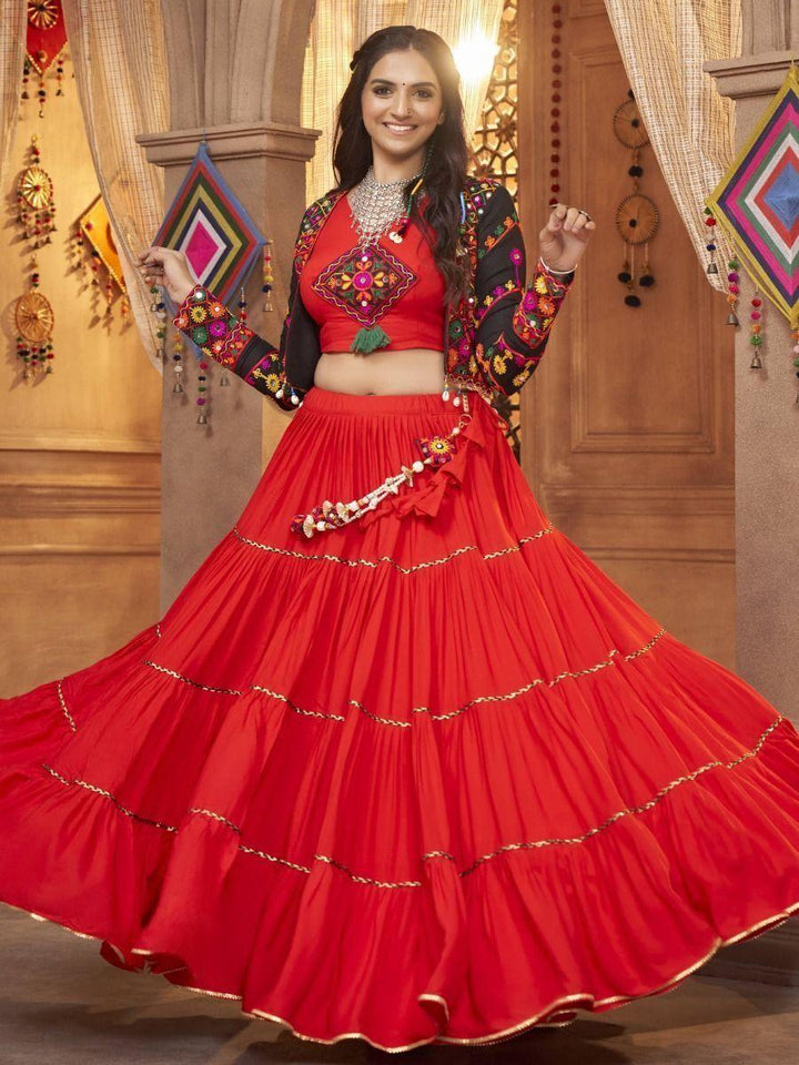 Wonderful Red Thread Embroidered Rayon Lehenga Choli With Koti