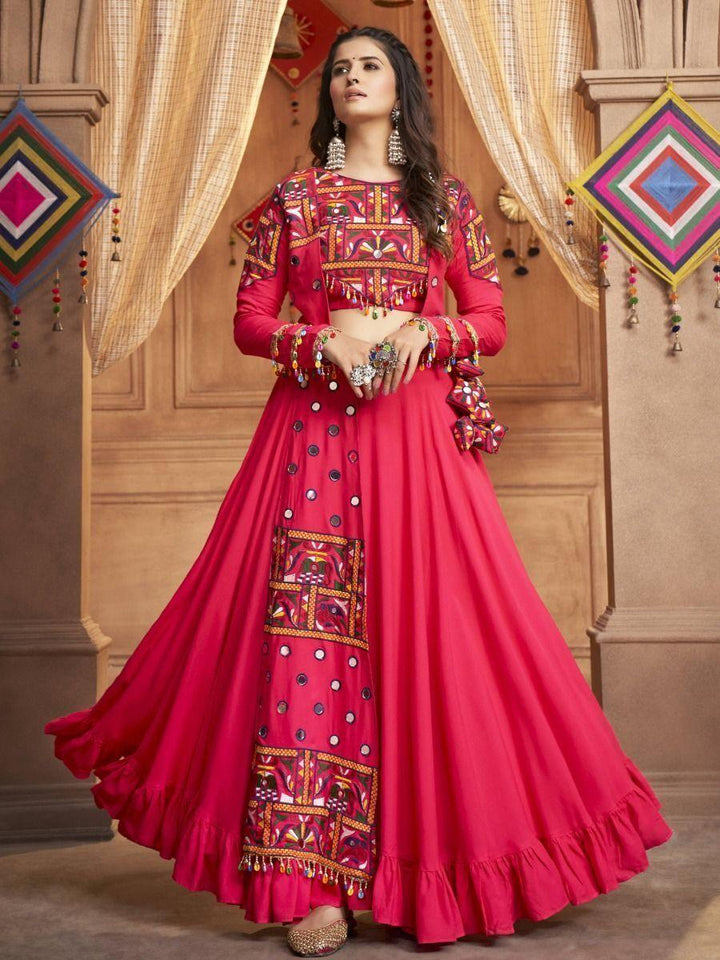 Fabulous Pink Mirror Work Rayon Navratri Lehenga Choli With Koti