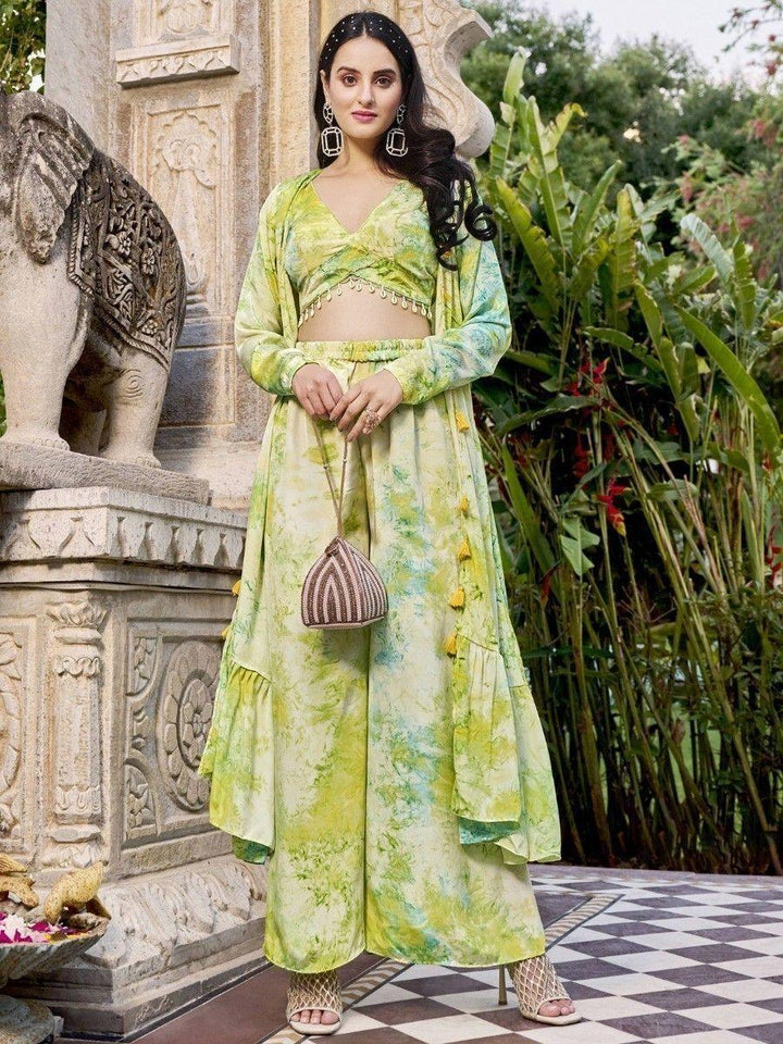 Adorable Floracance Green Printed Silk Palazzo Top With Jacket