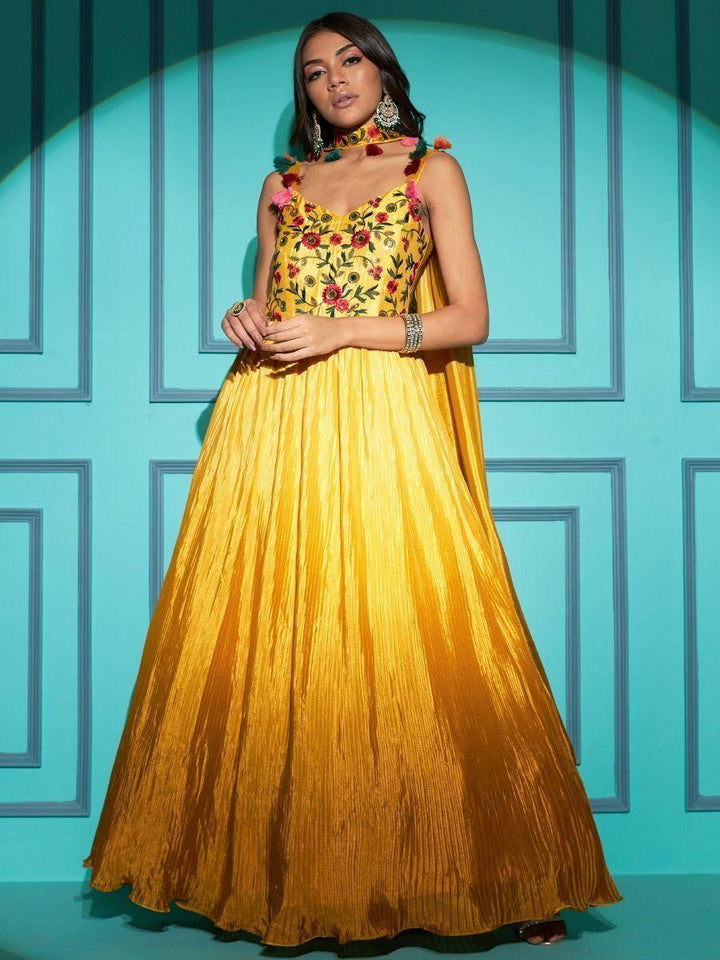 Gorgeous Yellow Embroidered Chinon Party Wear Gown