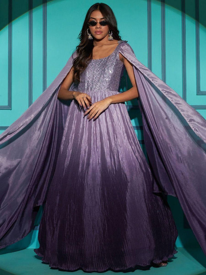 Attractive Purple Embroidered Chinon Party Wear Gown