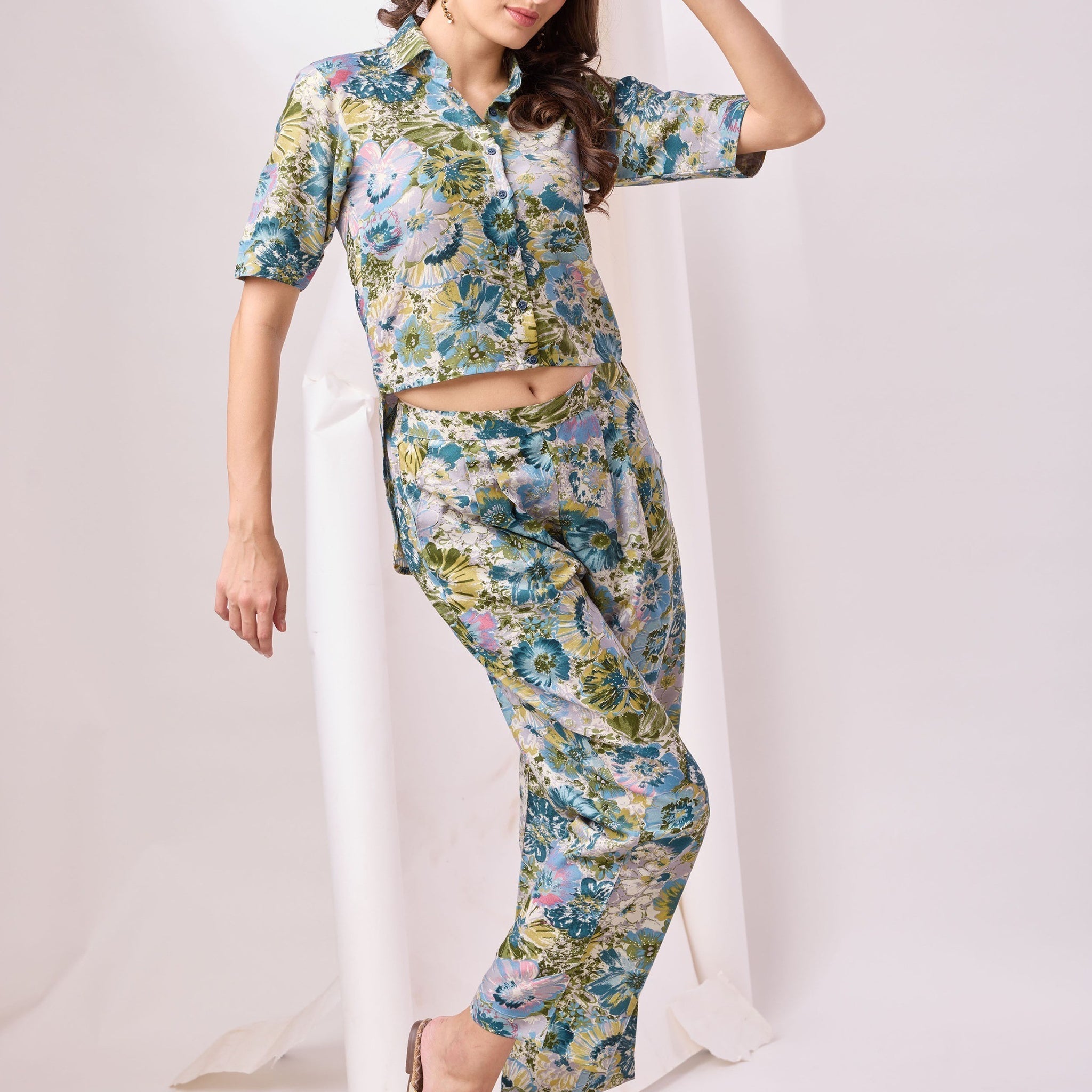 Pretty Multi-Color Printed Cotton Festival Wear Top Palazzo Co-Ord Set