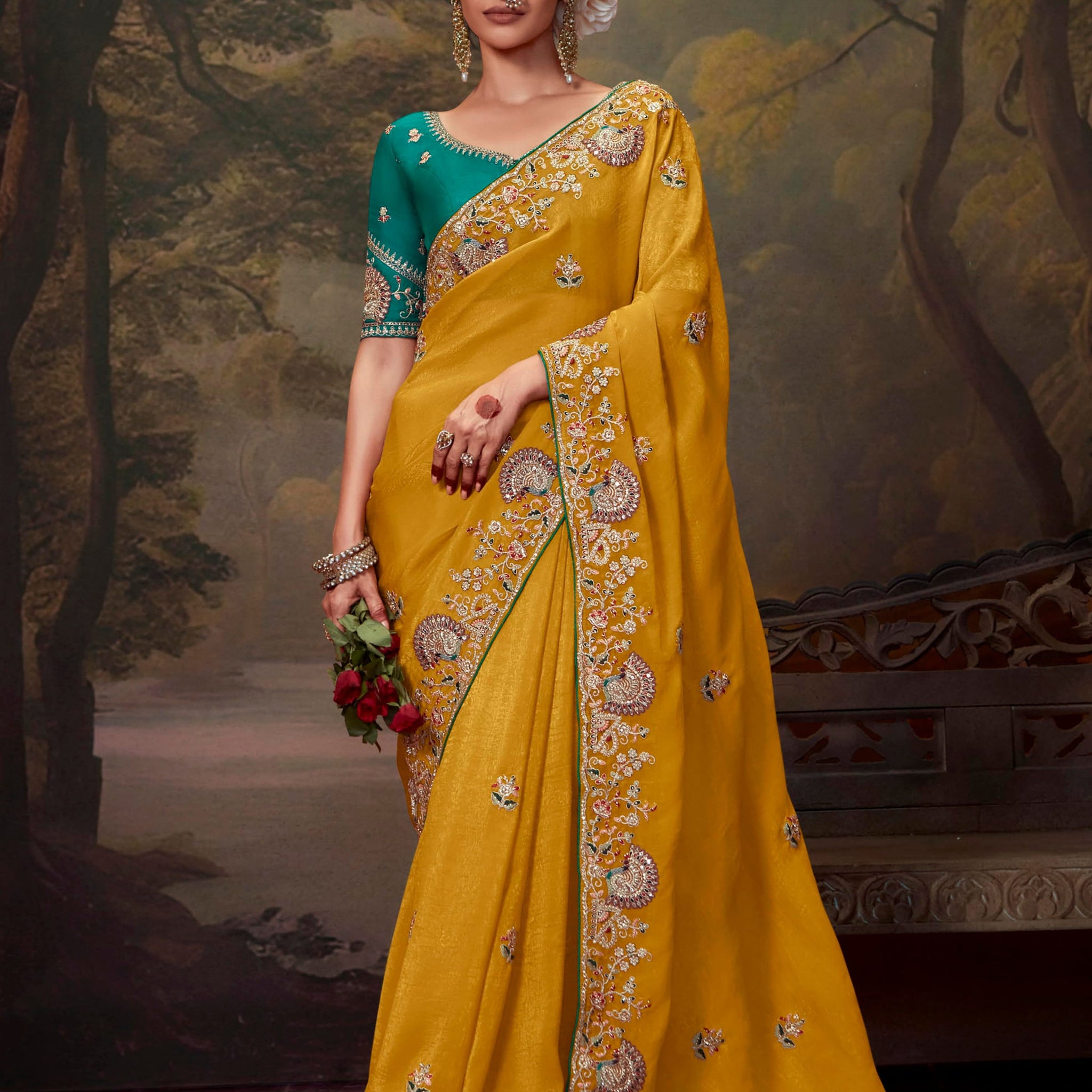Attractive Yellow Embroidered Silk Haldi Wear Saree With Blouse
