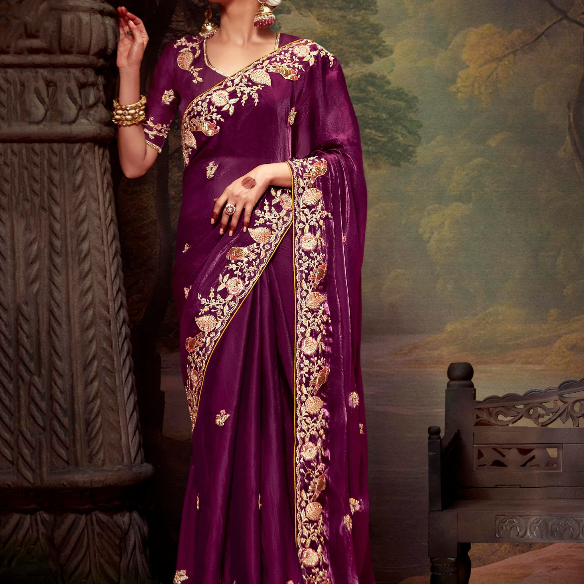 Charming Wine Embroidered Silk Wedding Saree With Blouse