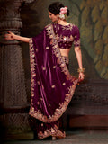 Charming Wine Embroidered Silk Wedding Saree With Blouse