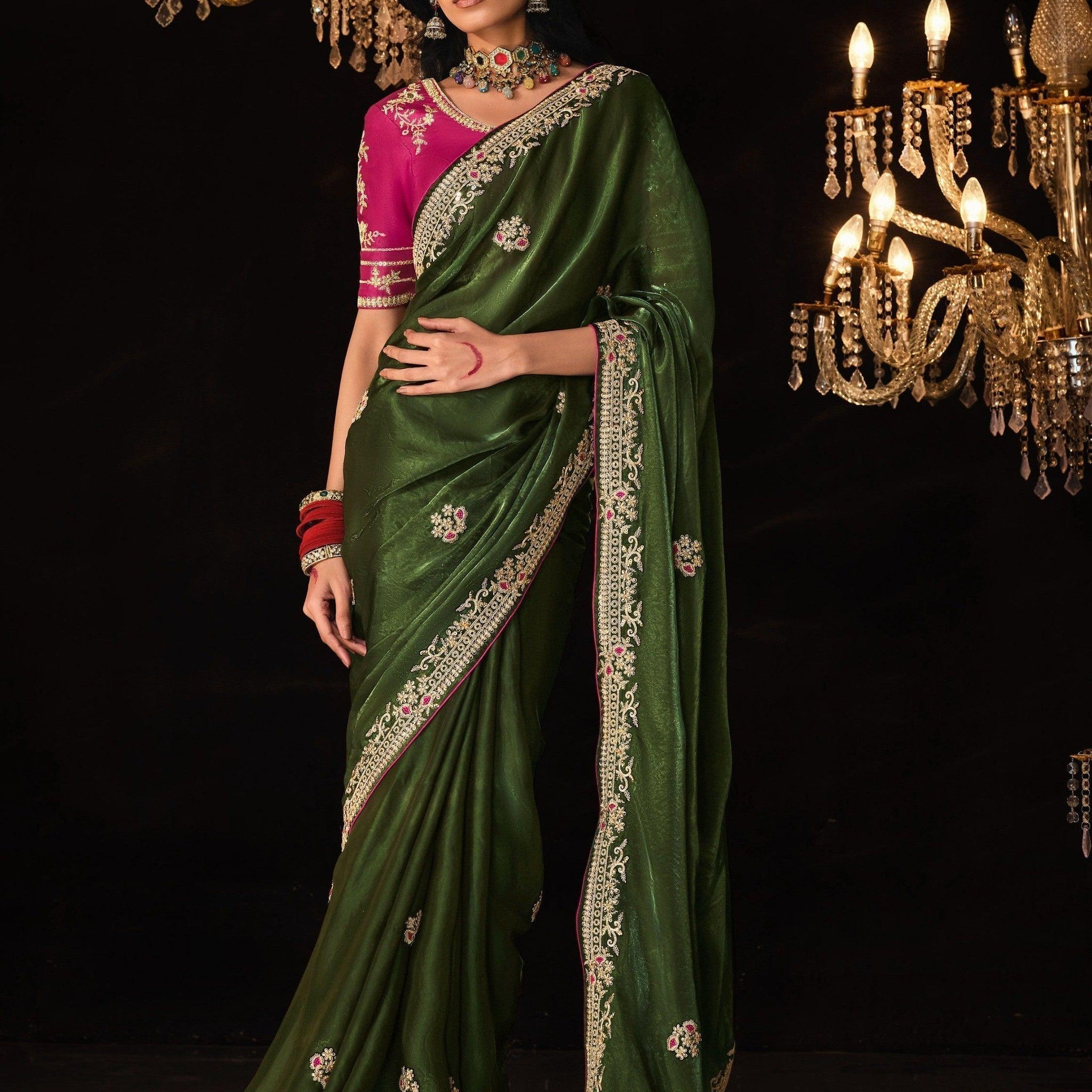 Precious Olive Green Embroidered Silk Festival Wear Saree