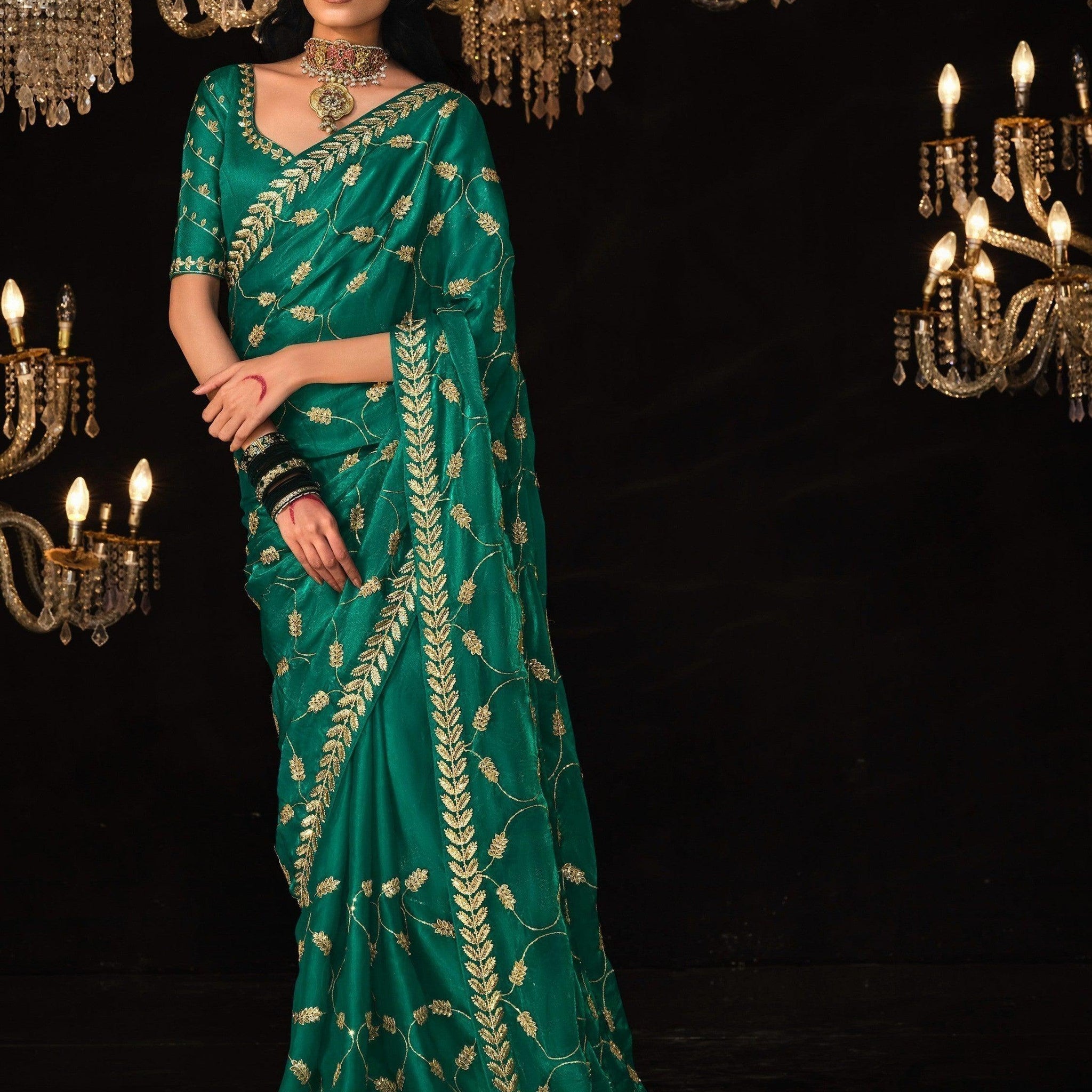 Fetching Teal Green Embroidered Silk Event Wear Saree With Blouse