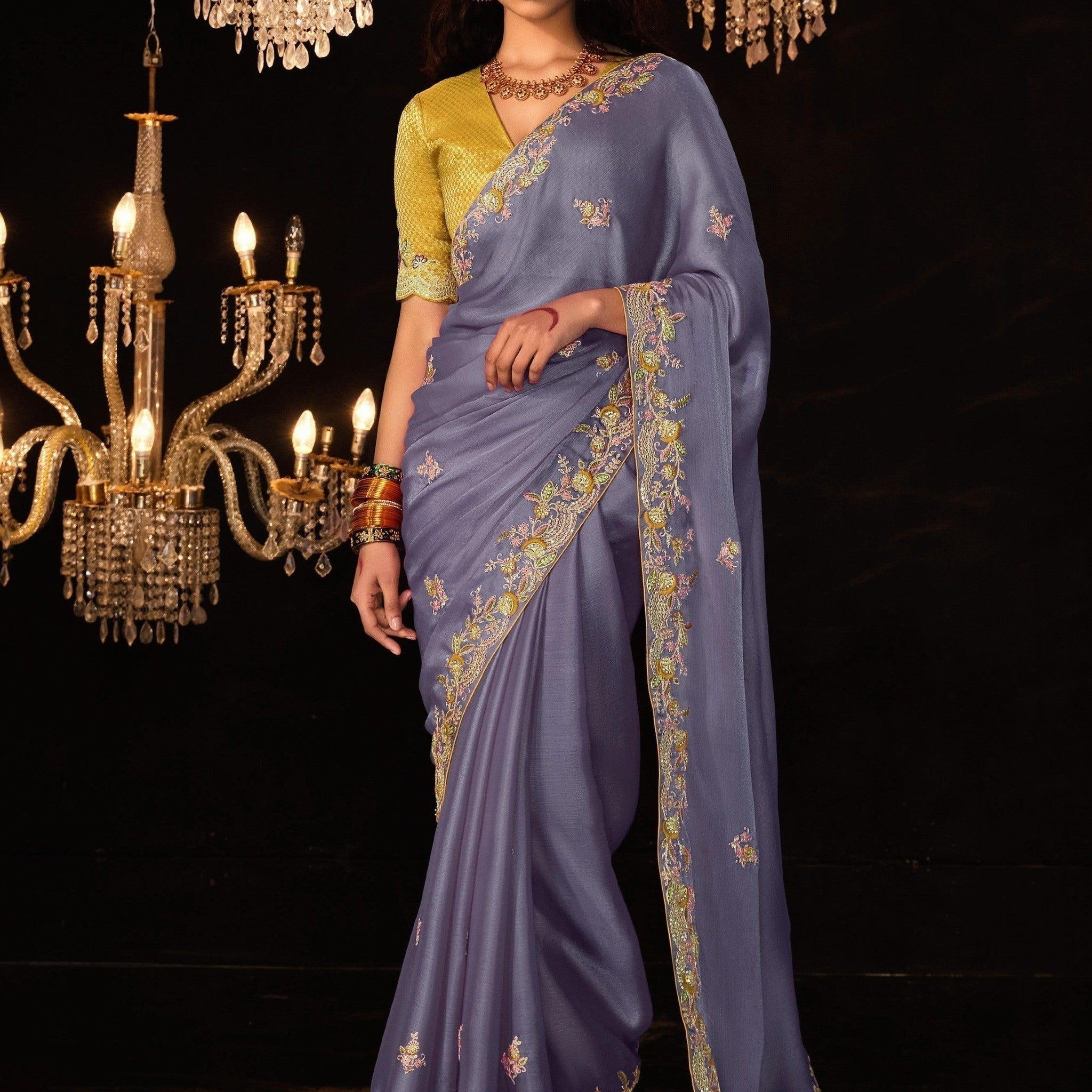 Captivating Dusty Purple Embroidered Silk Traditional Saree