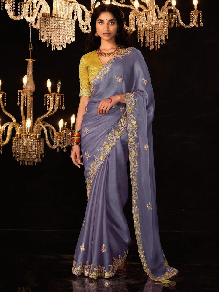 Captivating Dusty Purple Embroidered Silk Traditional Saree