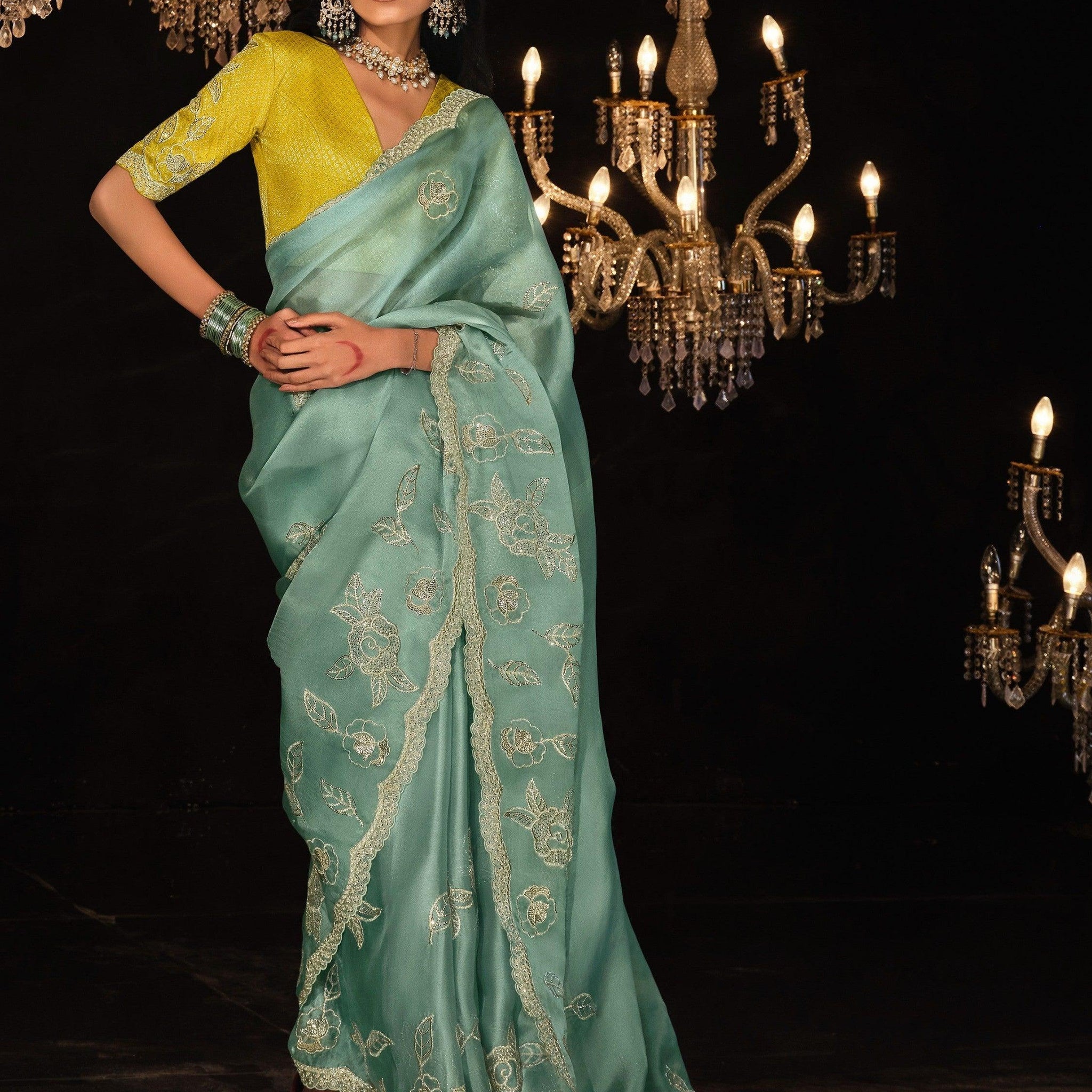 Bewitching Sky Blue Sequins Silk Festival Wear Saree With Blouse