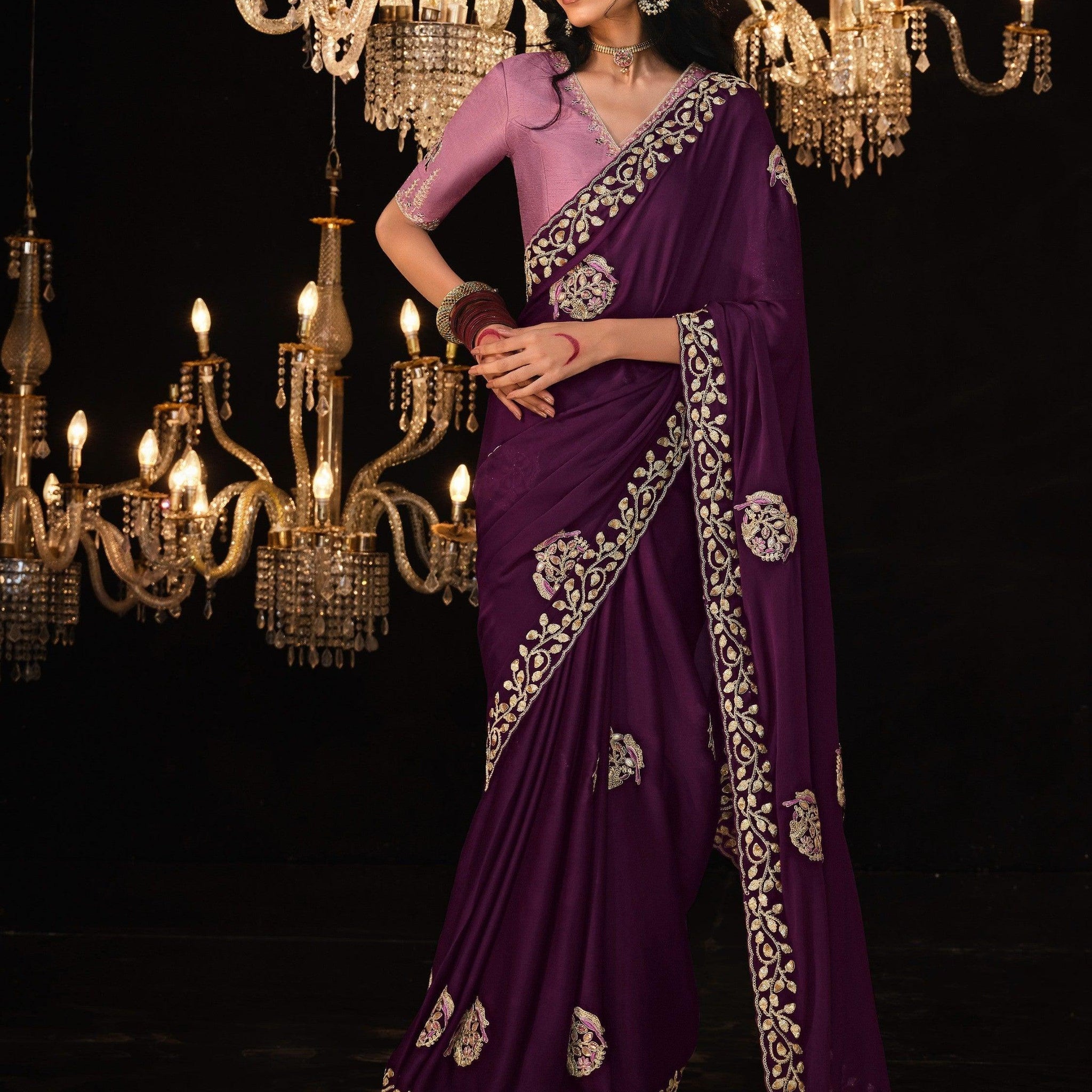 Histrionic Wine Embroidered Silk Wedding Saree With Blouse