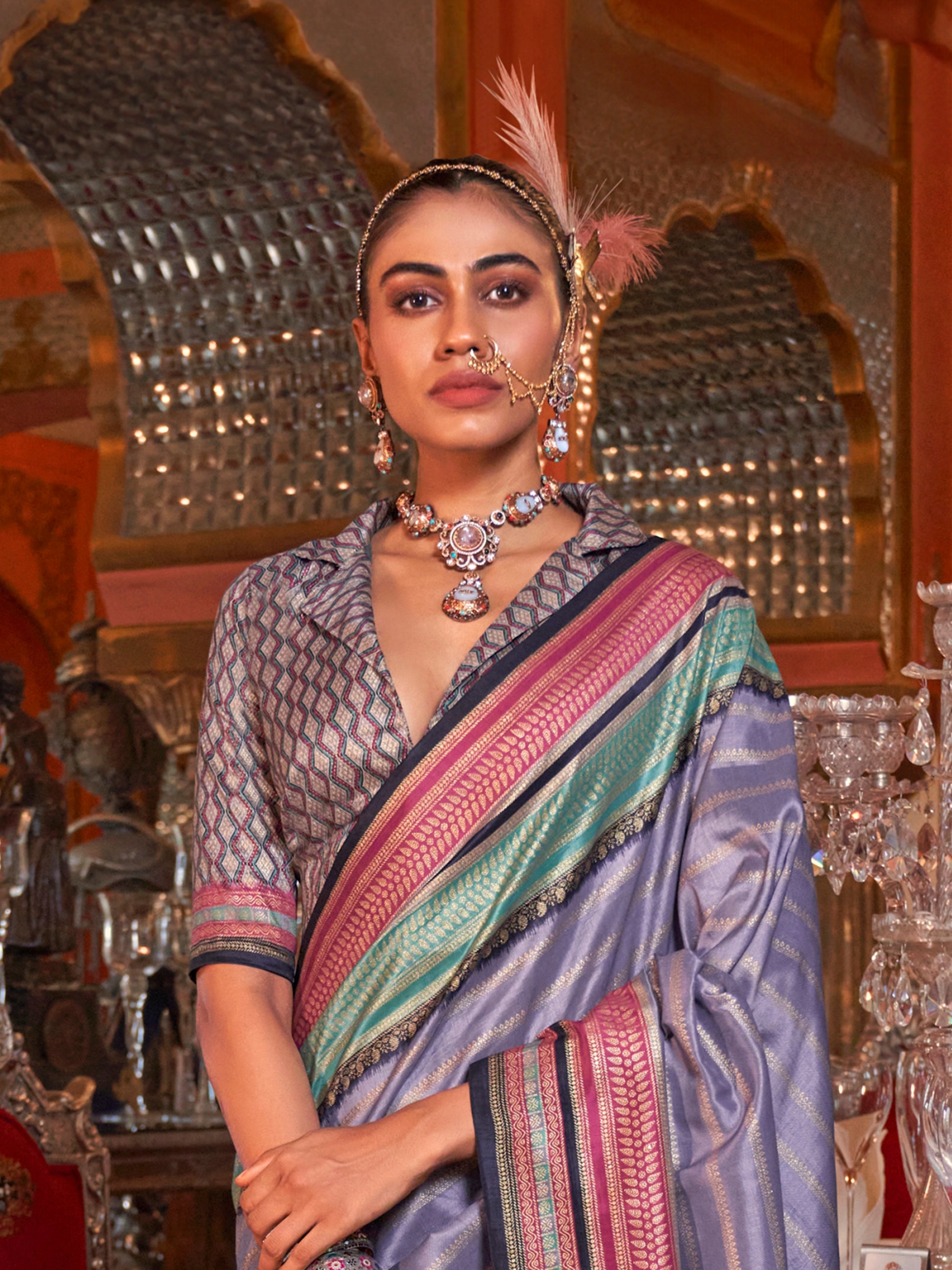 Beautiful Lavender Zari Weaving Silk Festival Wear Saree With Blouse