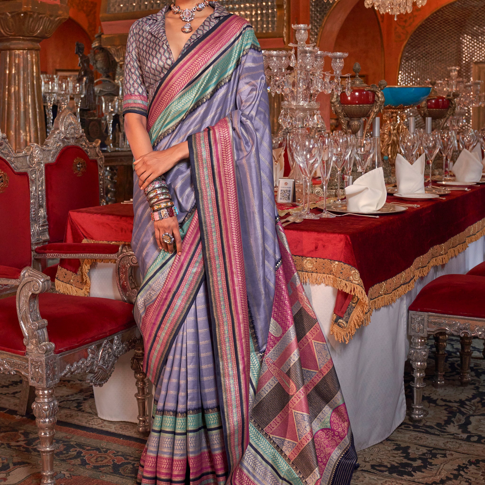 Beautiful Lavender Zari Weaving Silk Festival Wear Saree With Blouse