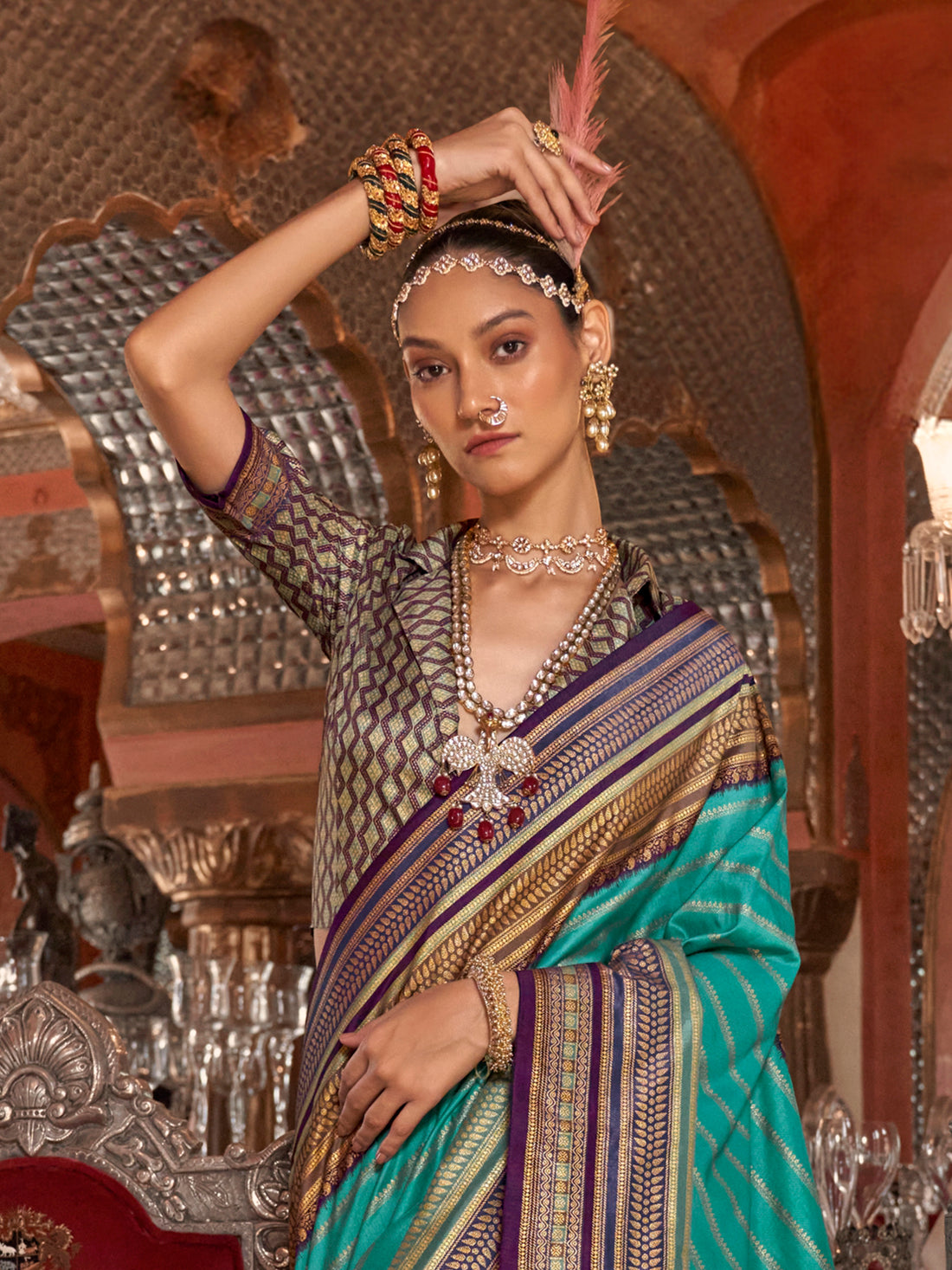 Beautiful Brown Zari Weaving Silk Event Wear Saree With Blouse