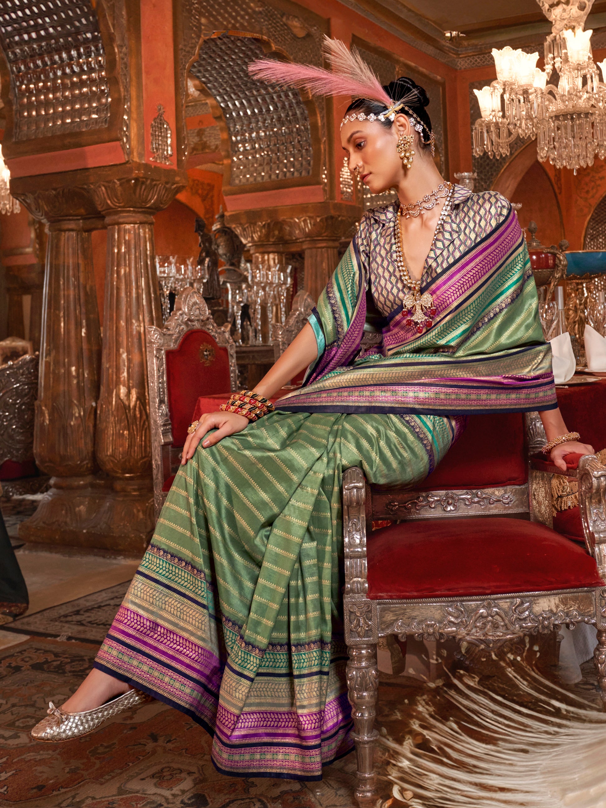 Gorgeous Olive Green Zari Weaving Silk Function Wear Saree With Blouse
