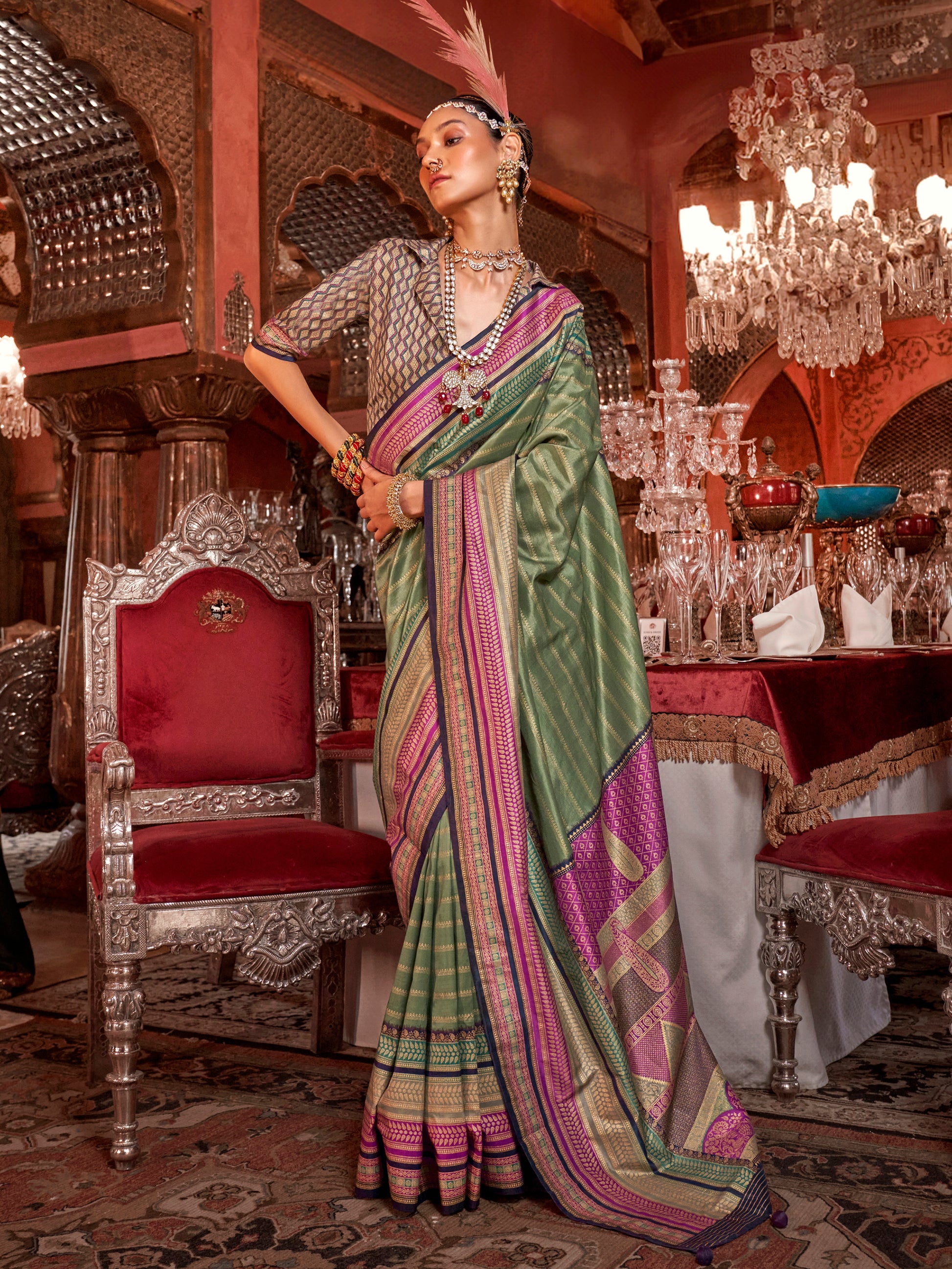 Gorgeous Olive Green Zari Weaving Silk Function Wear Saree With Blouse