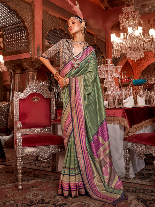 Gorgeous Olive Green Zari Weaving Silk Function Wear Saree With Blouse