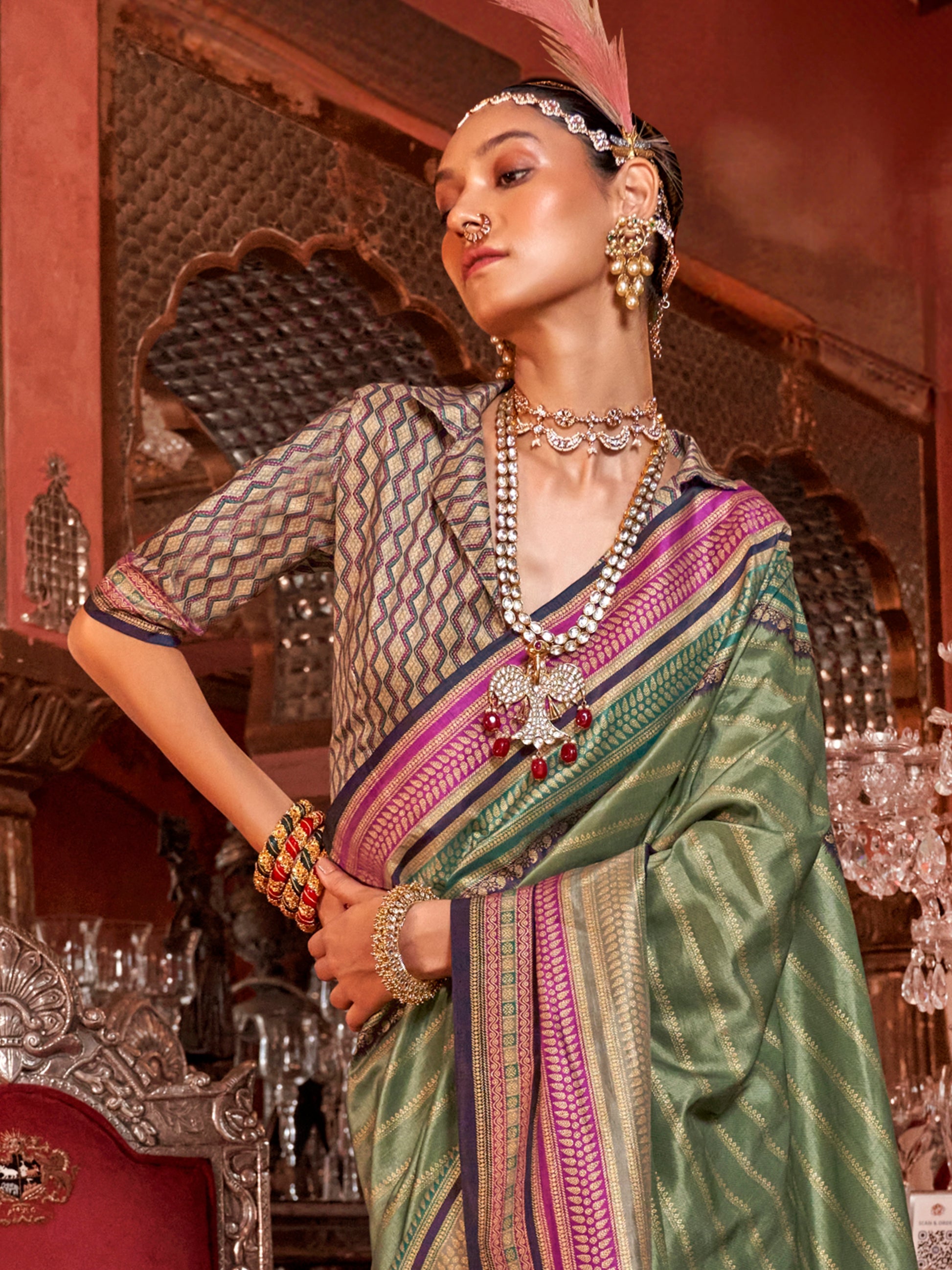 Gorgeous Olive Green Zari Weaving Silk Function Wear Saree With Blouse