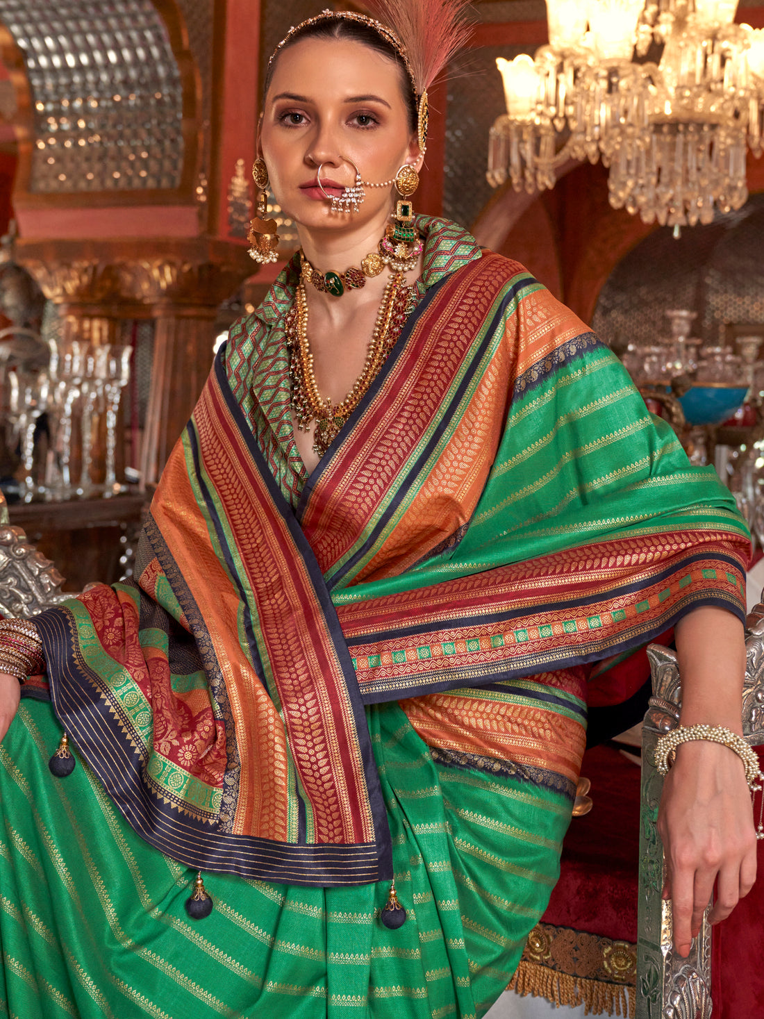 Adorable Teal Green Zari Weaving Silk Festival Wear Saree With Blouse