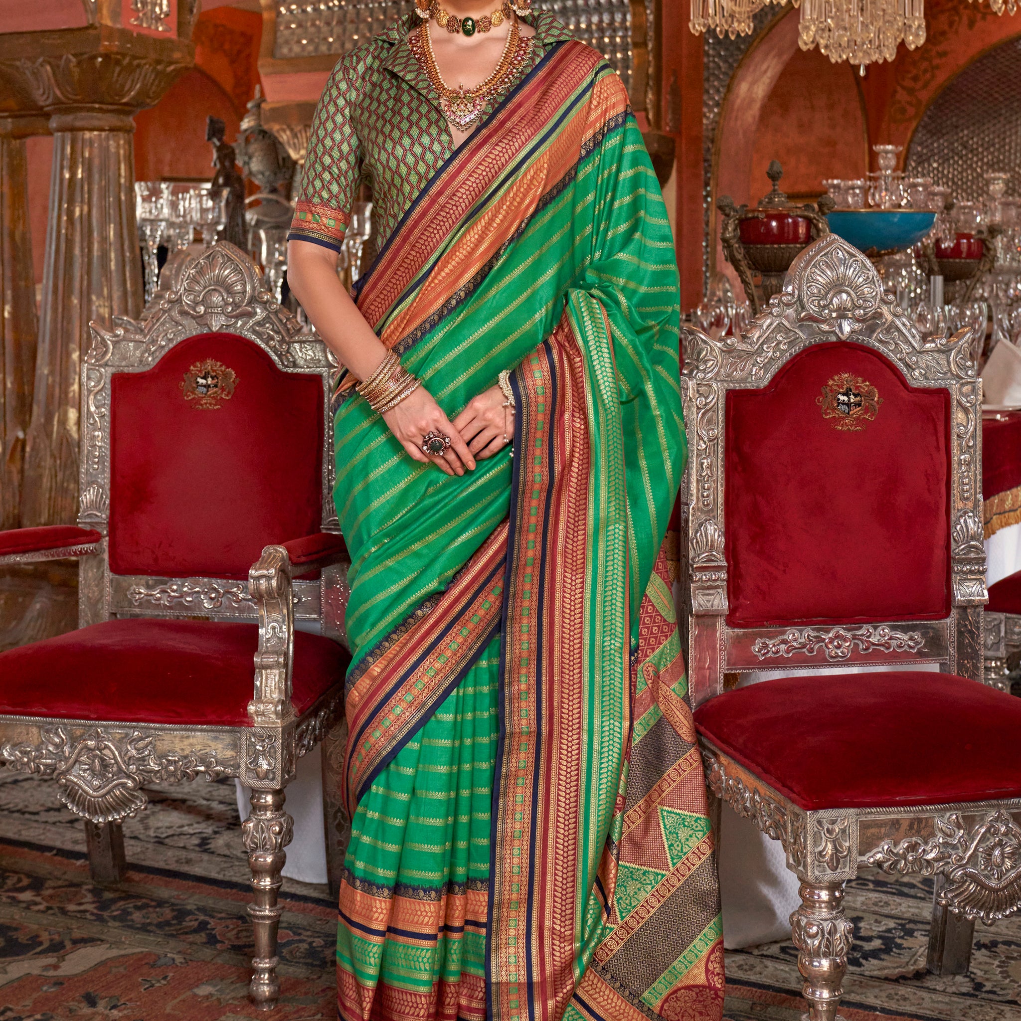 Adorable Teal Green Zari Weaving Silk Festival Wear Saree With Blouse
