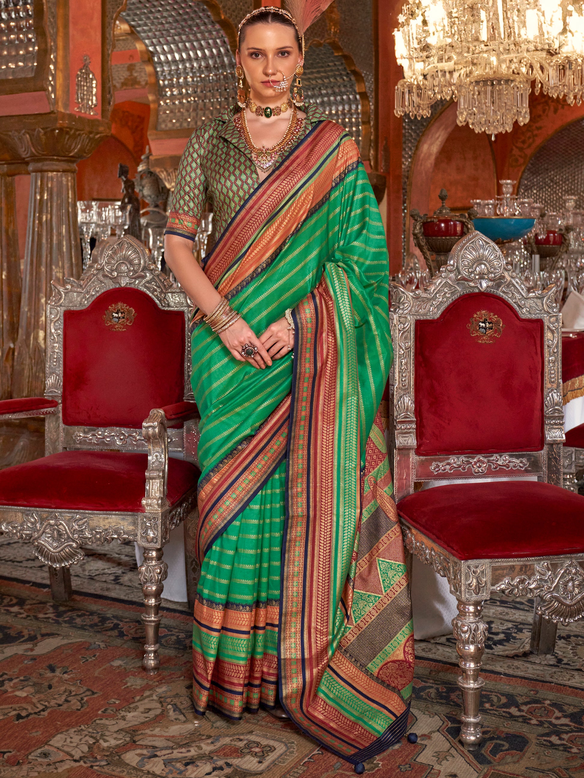 Adorable Teal Green Zari Weaving Silk Festival Wear Saree With Blouse