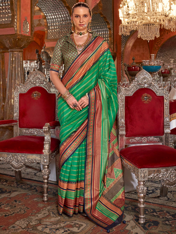 Adorable Teal Green Zari Weaving Silk Festival Wear Saree With Blouse