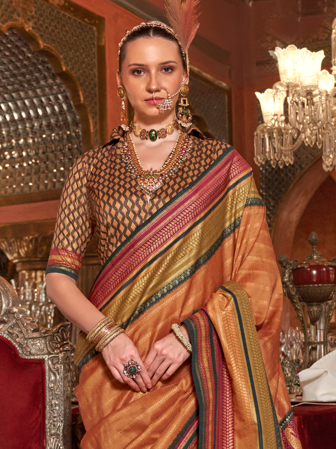 Wonderful Orange Zari Weaving Silk Event Wear Saree With Blouse