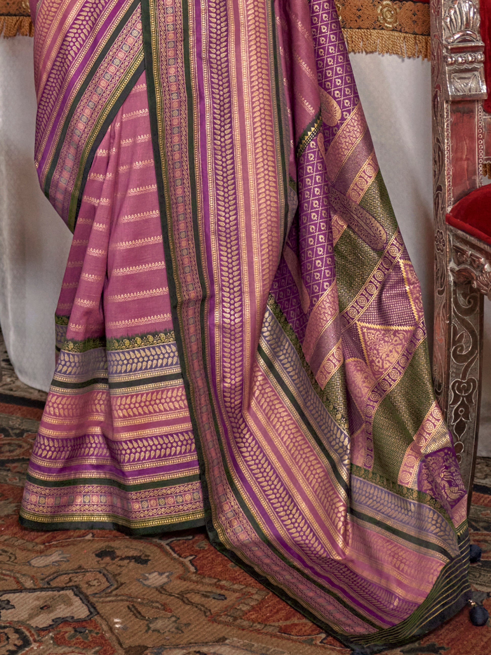 Stunning Mauve Zari Weaving Silk Event Wear Saree With Blouse