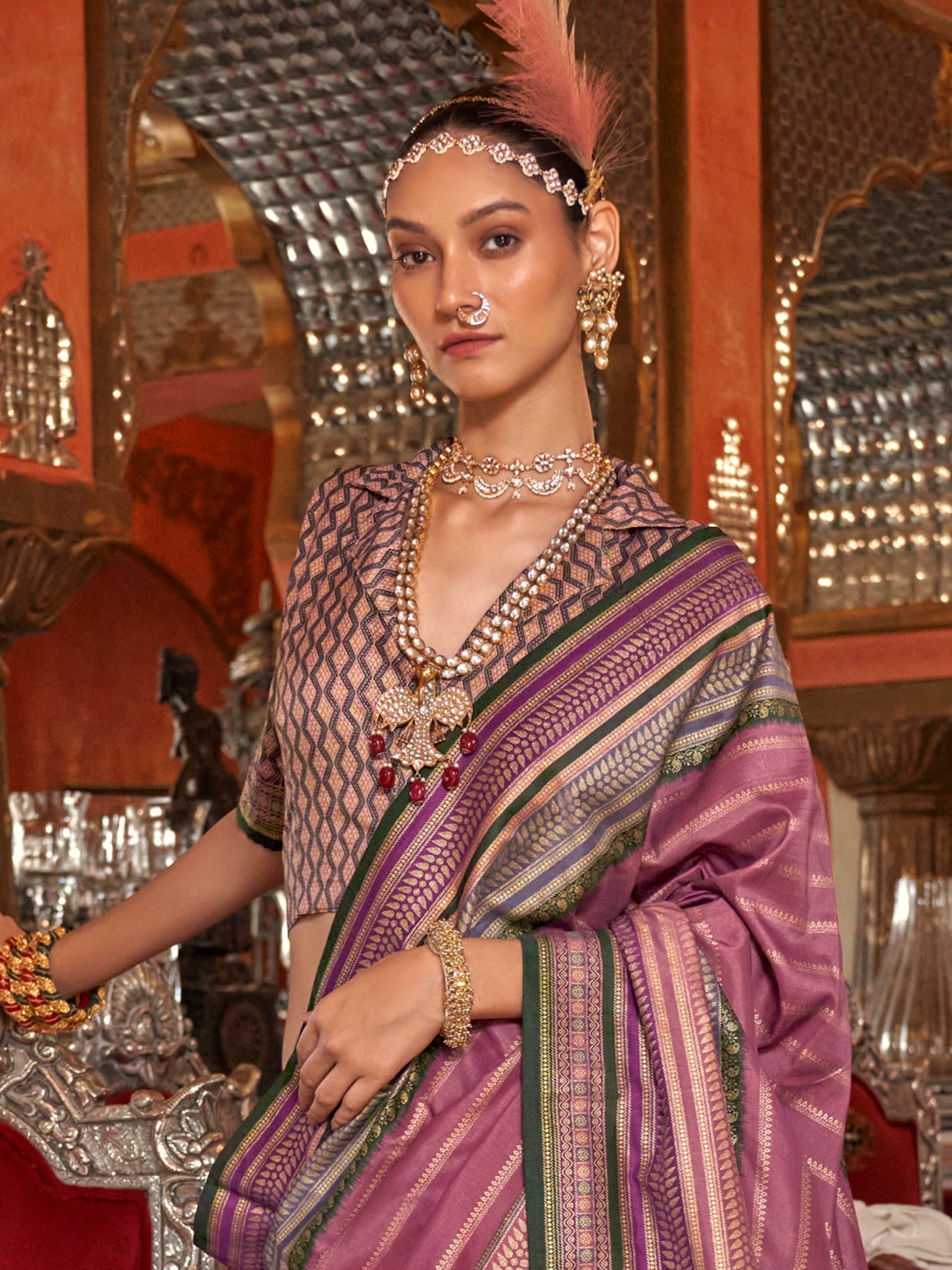 Stunning Mauve Zari Weaving Silk Event Wear Saree With Blouse