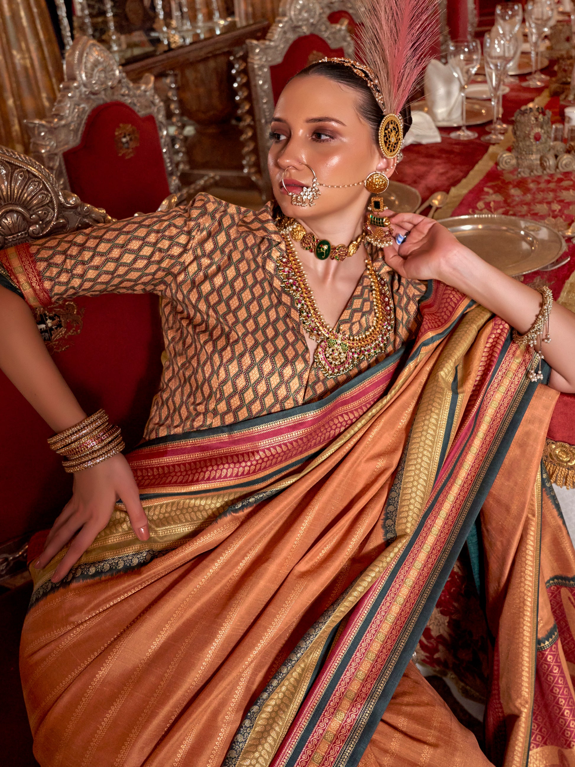 Wonderful Orange Zari Weaving Silk Event Wear Saree With Blouse