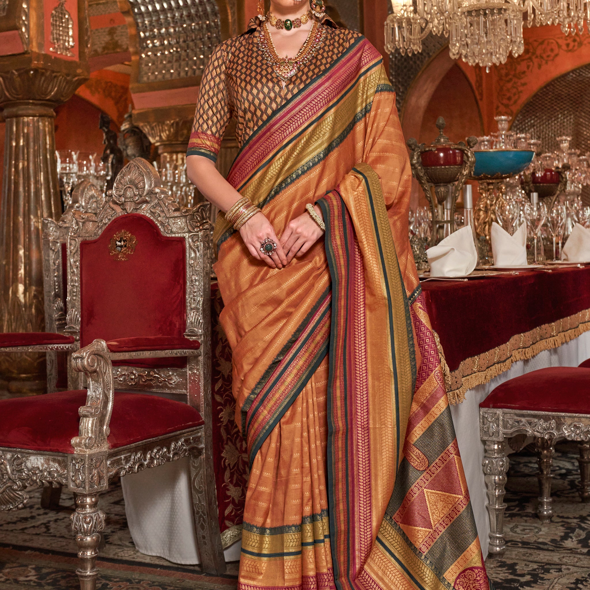 Wonderful Orange Zari Weaving Silk Event Wear Saree With Blouse