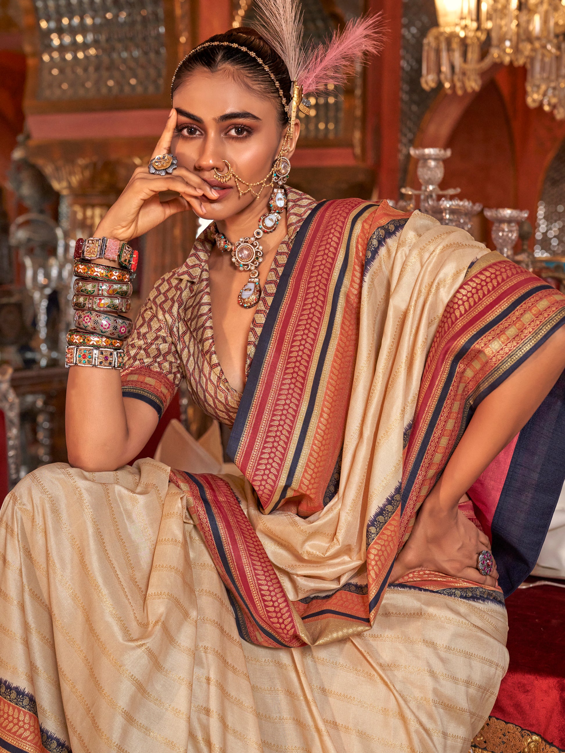 Glamorous Cream Zari Weaving Silk Traditional Saree With Blouse