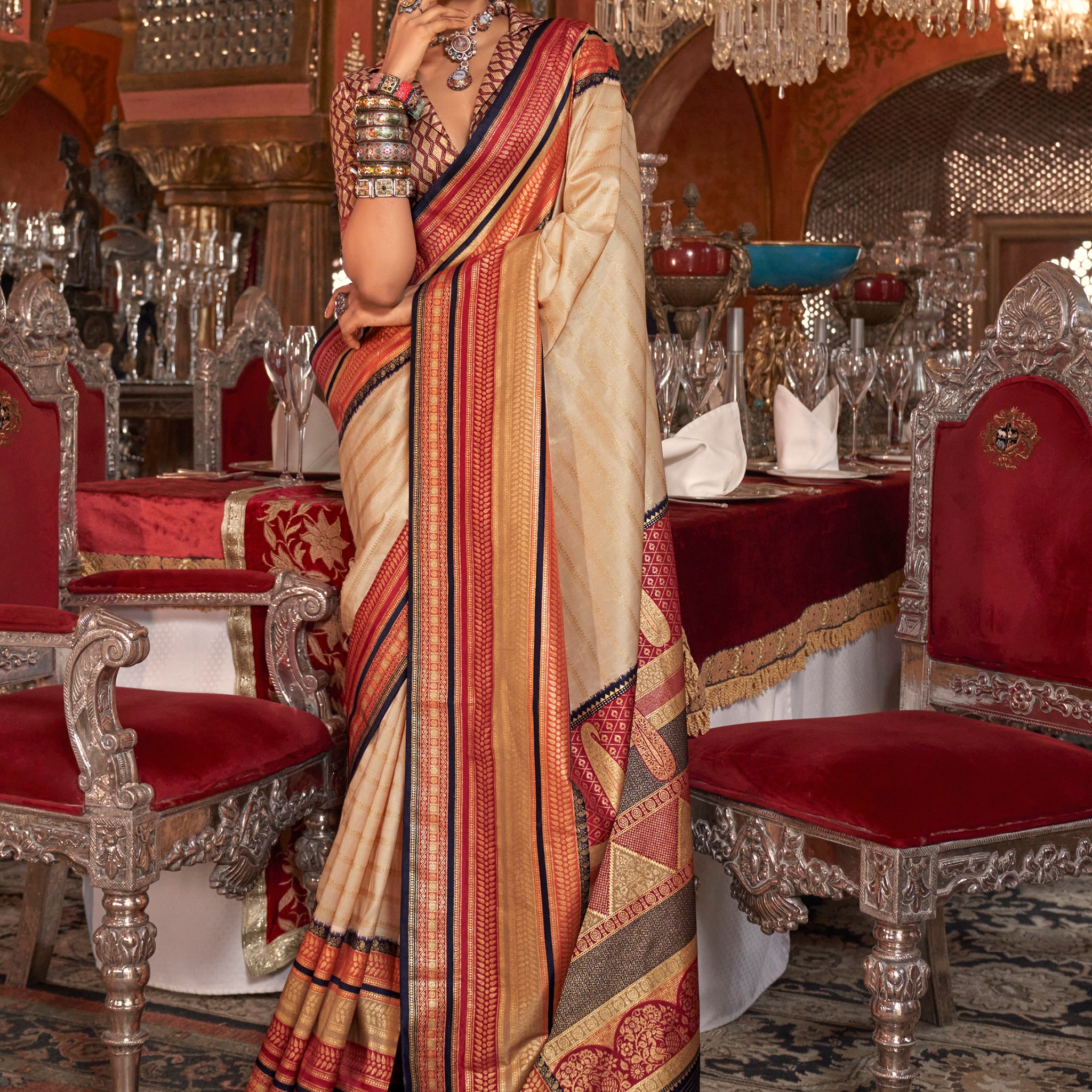 Glamorous Cream Zari Weaving Silk Traditional Saree With Blouse