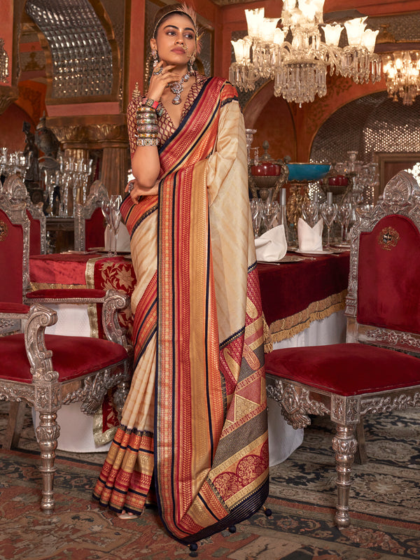 Glamorous Cream Zari Weaving Silk Traditional Saree With Blouse