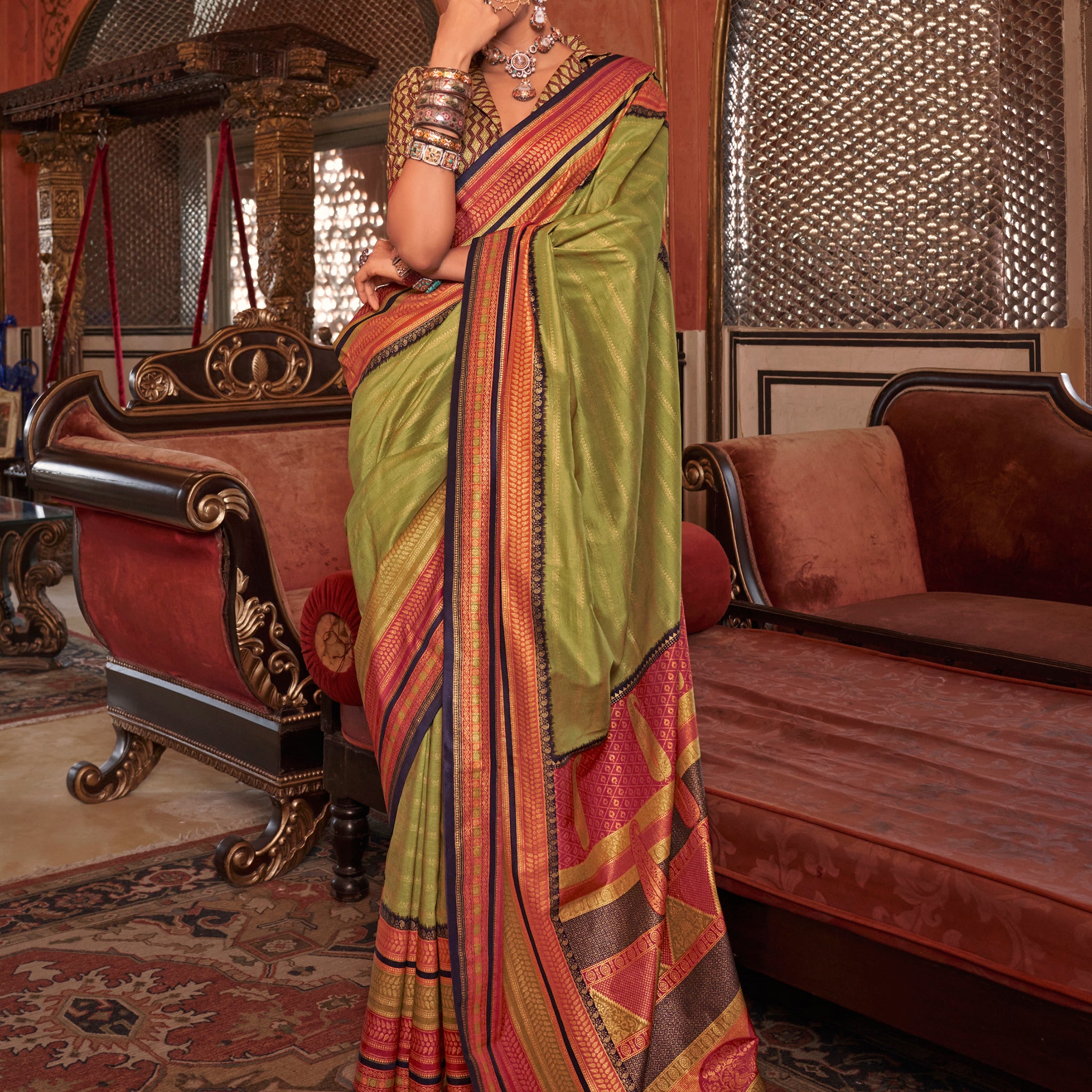 Pretty Light Green Zari Weaving Silk Mehendi Wear Saree With Blouse