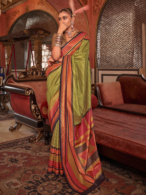 Pretty Light Green Zari Weaving Silk Mehendi Wear Saree With Blouse