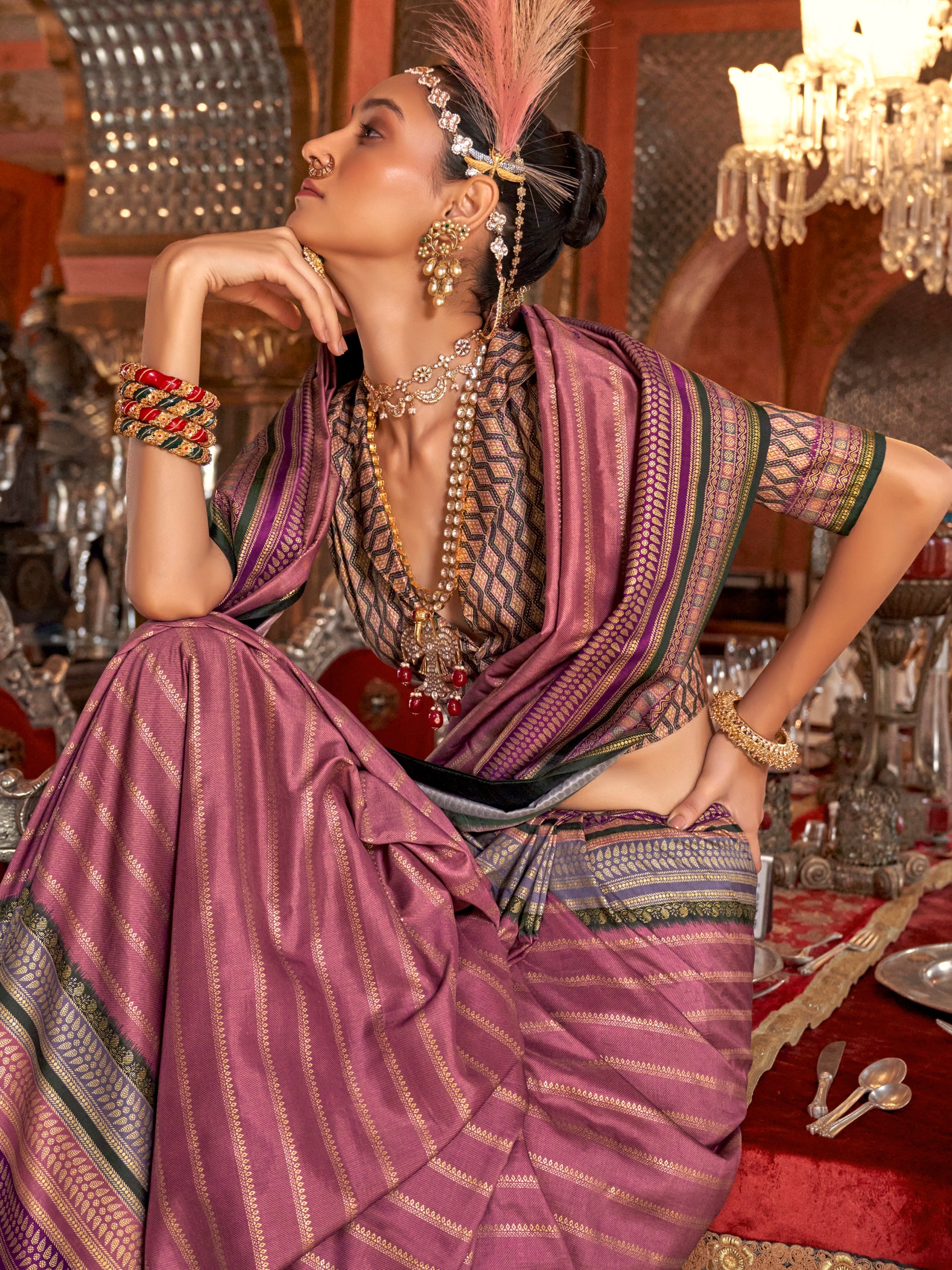 Stunning Mauve Zari Weaving Silk Event Wear Saree With Blouse