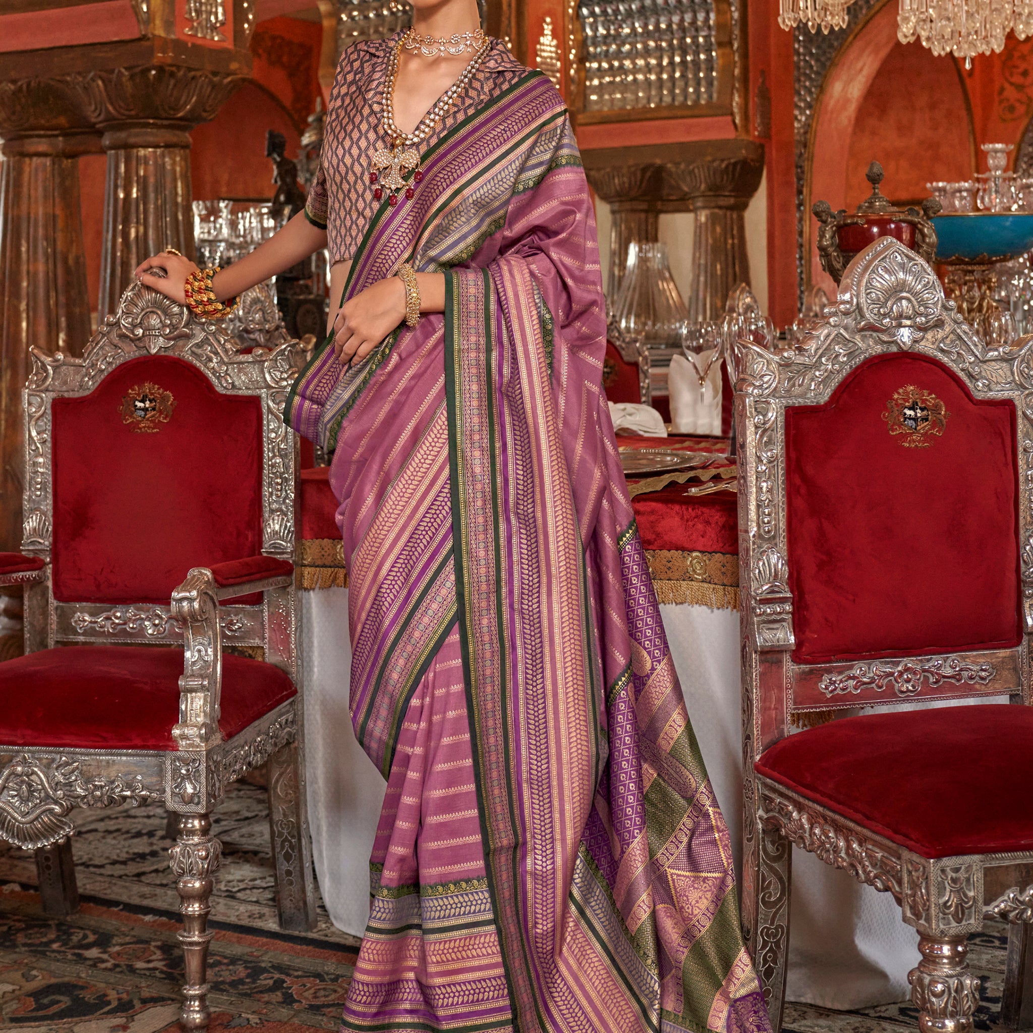 Stunning Mauve Zari Weaving Silk Event Wear Saree With Blouse